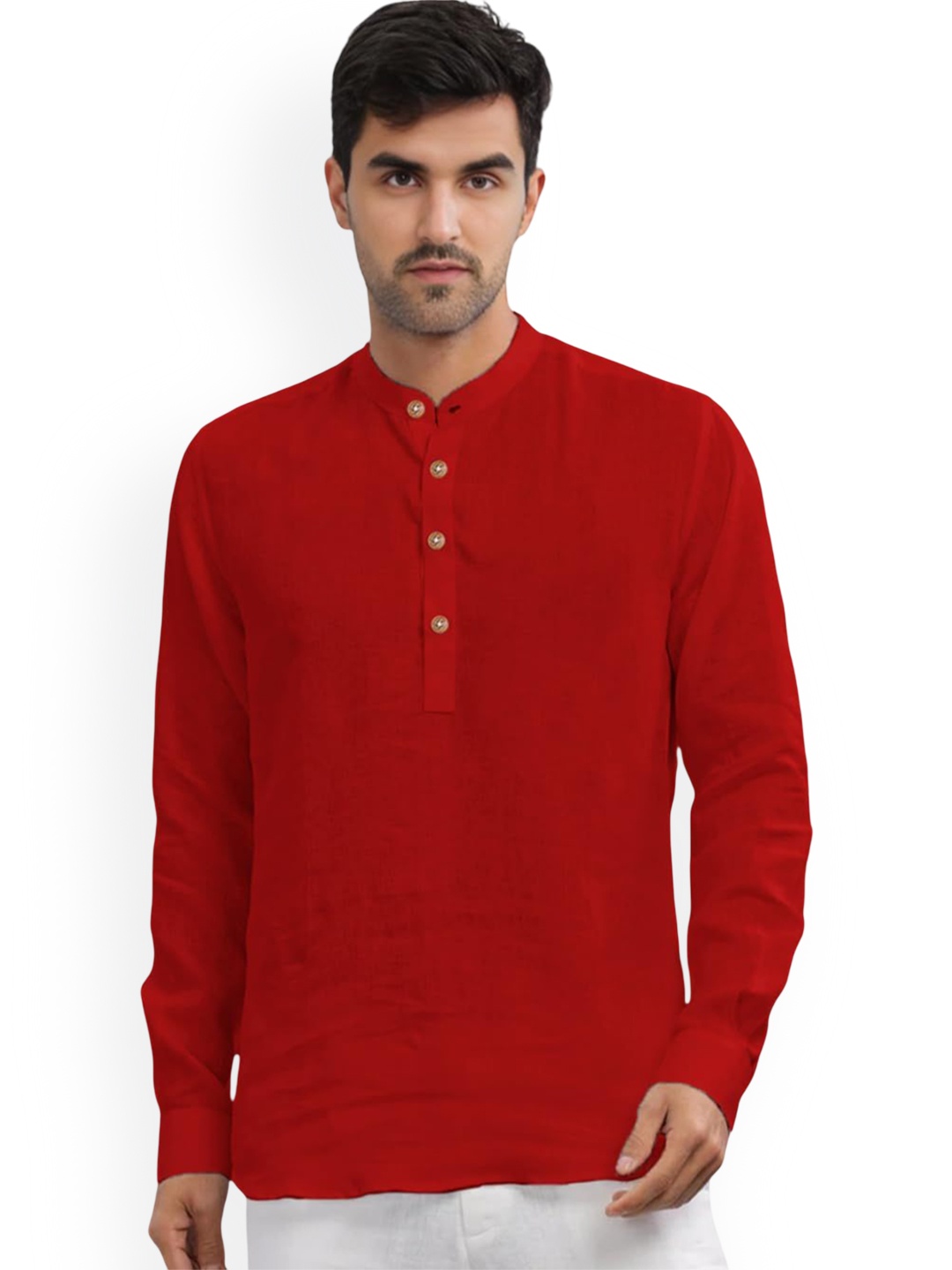 

Vida Loca Band Collar Cotton Slim Fit Straight Short Kurta, Red