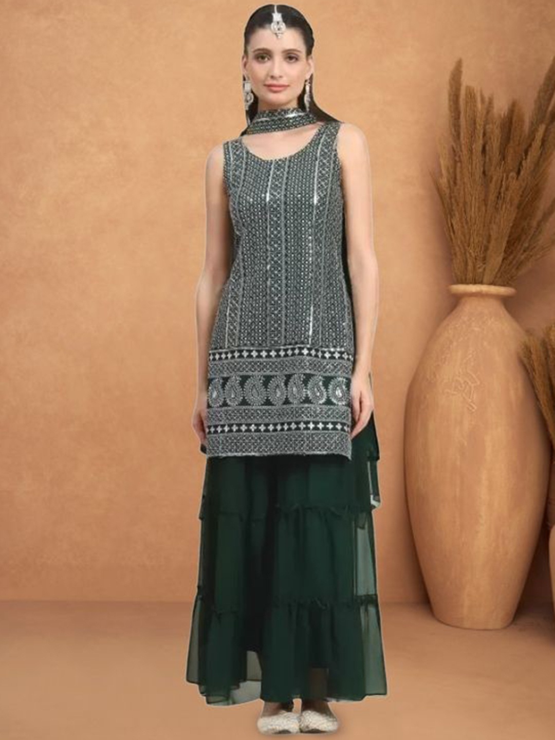 

PARROT CREATION Geometric Embroidered Georgette Straight Kurta With Sharara & Dupatta, Green