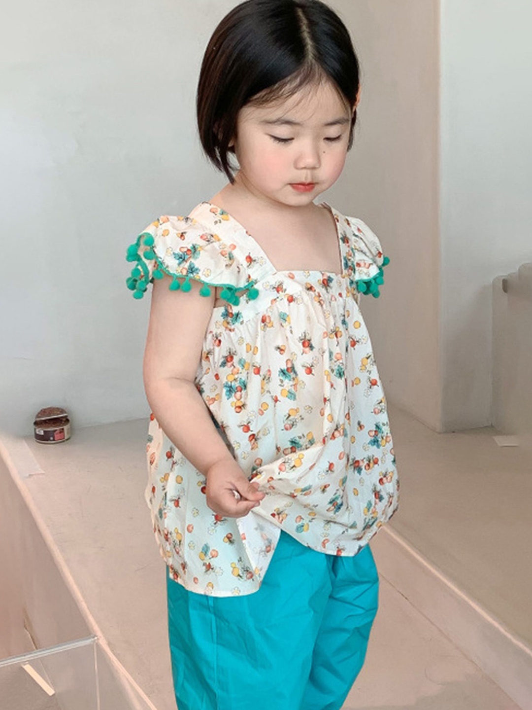 

LULU & SKY Girls Printed Shoulder Straps Pure Cotton Top With Trousers, White