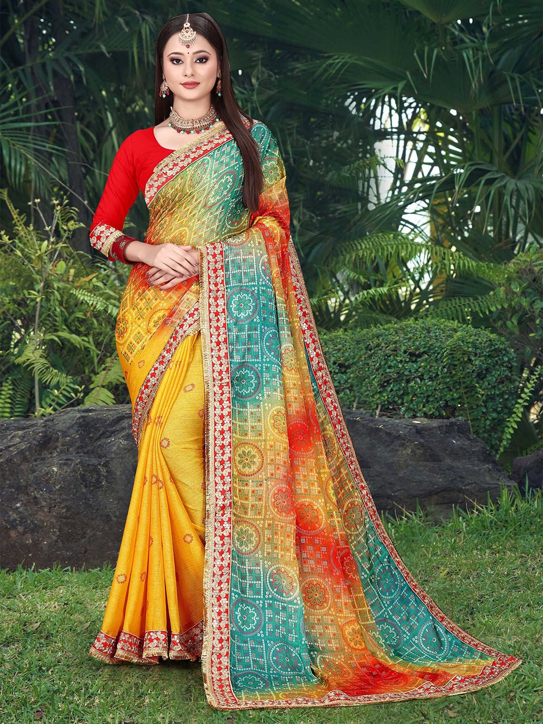 

DIVASTRI Bandhani Embroidered Poly Chiffon Half and Half Bandhani Saree, Yellow