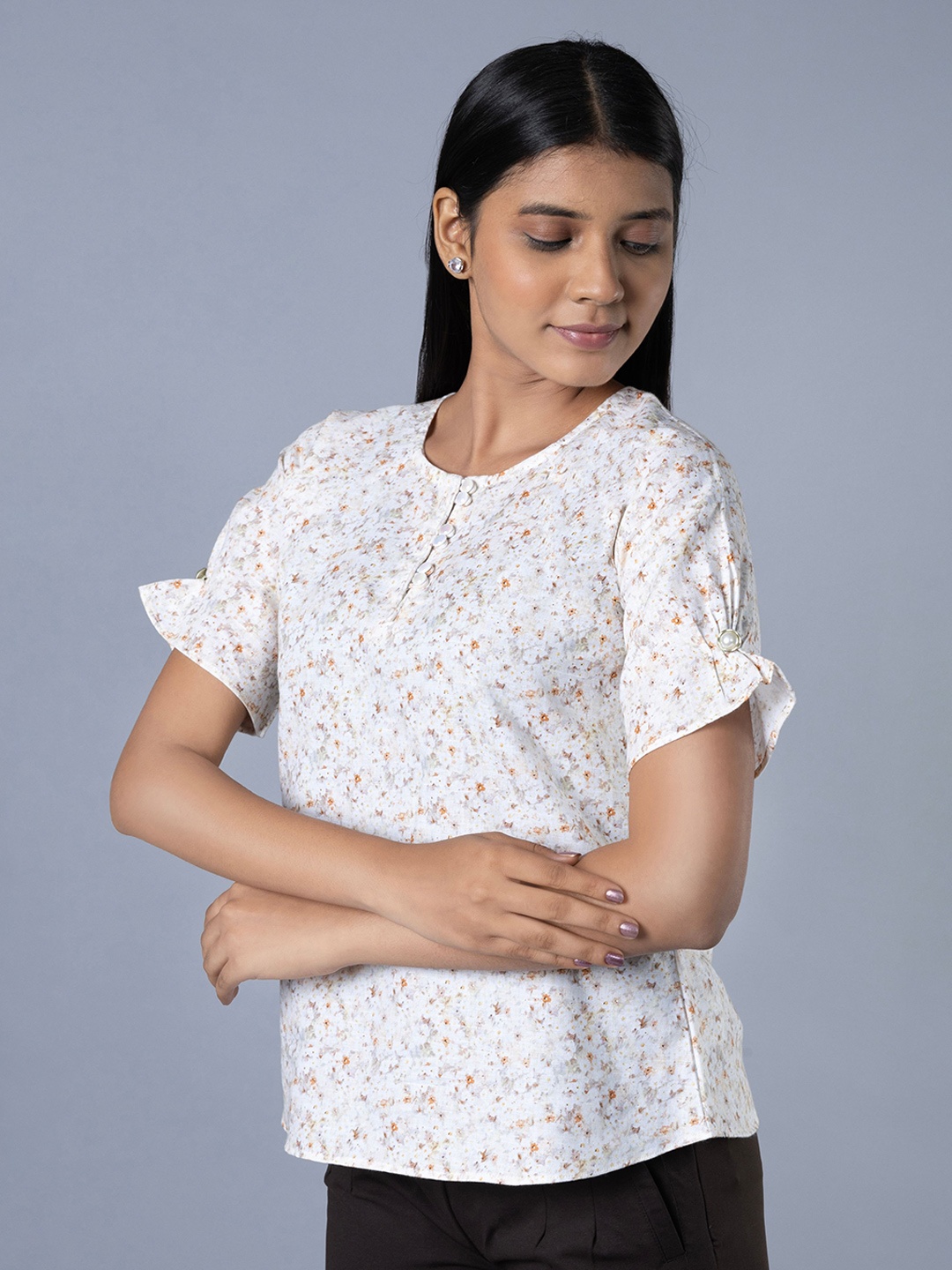 

NOT SO PINK Floral Print Puff Sleeve Applique Cotton Shirt Style Top, Brown