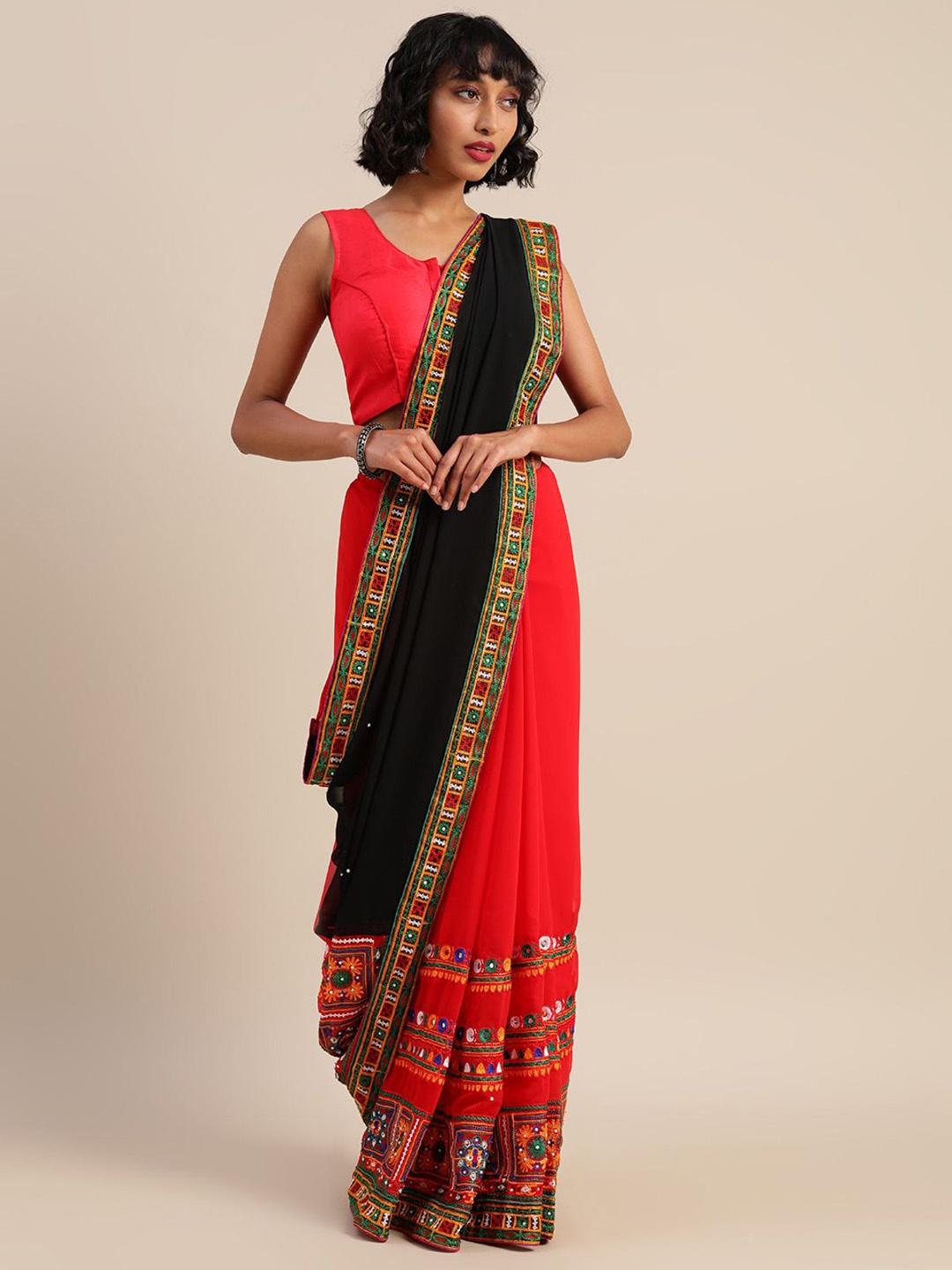 

DIVASTRI Embellished Kantha Work Pure Georgette Half and Half Saree, Red