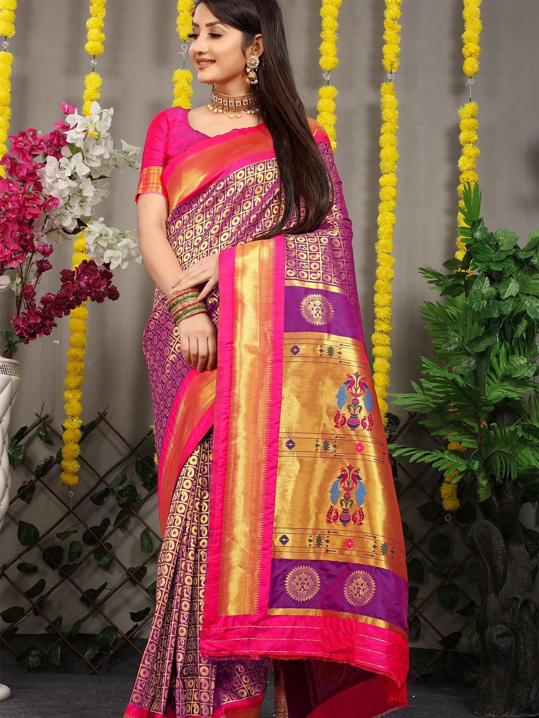 

Kandora Woven Design Zari Pure Silk Paithani Saree, Purple