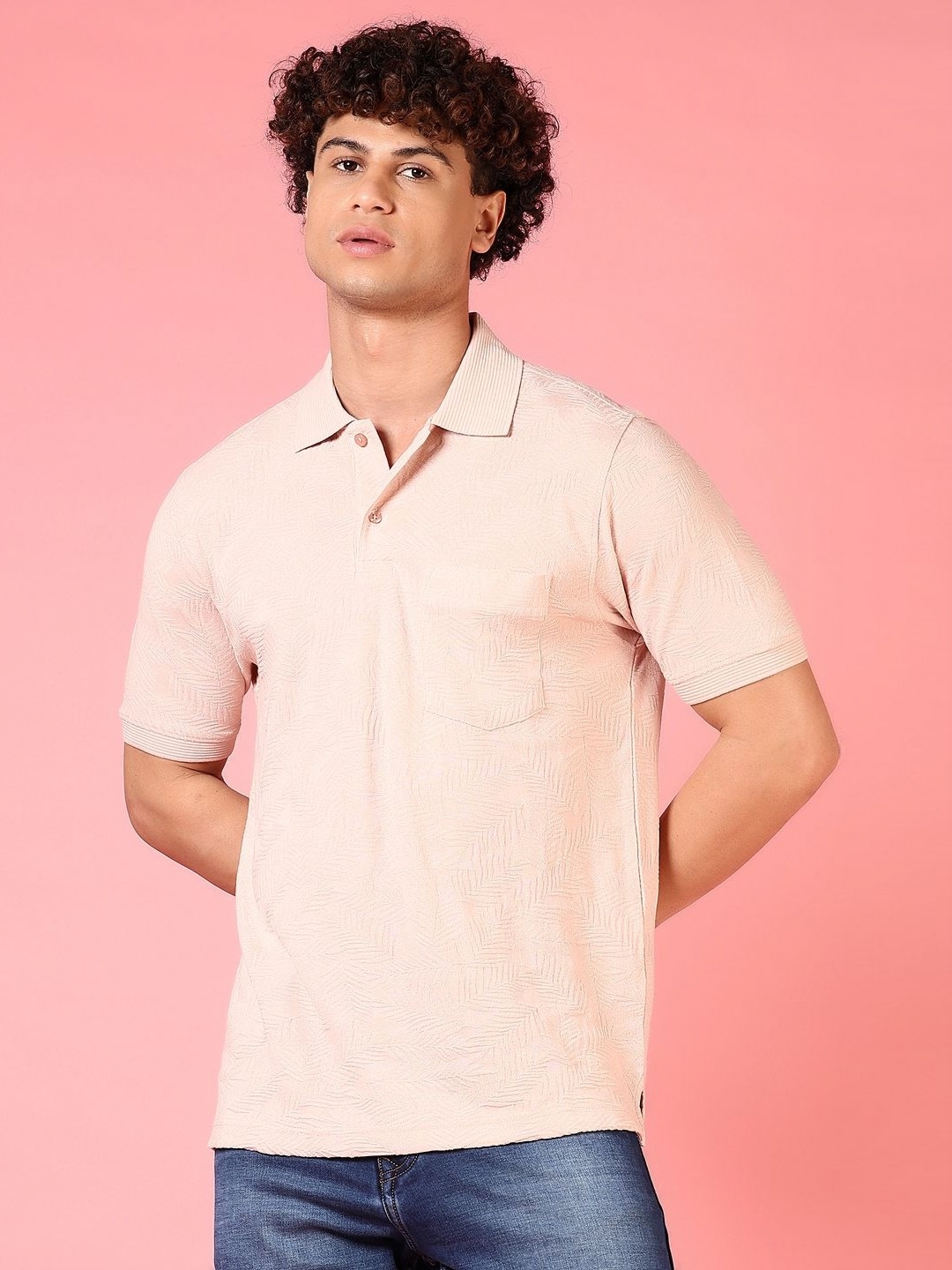 

V-Mart Men Self Design Polo Collar Cotton T-shirt, Peach
