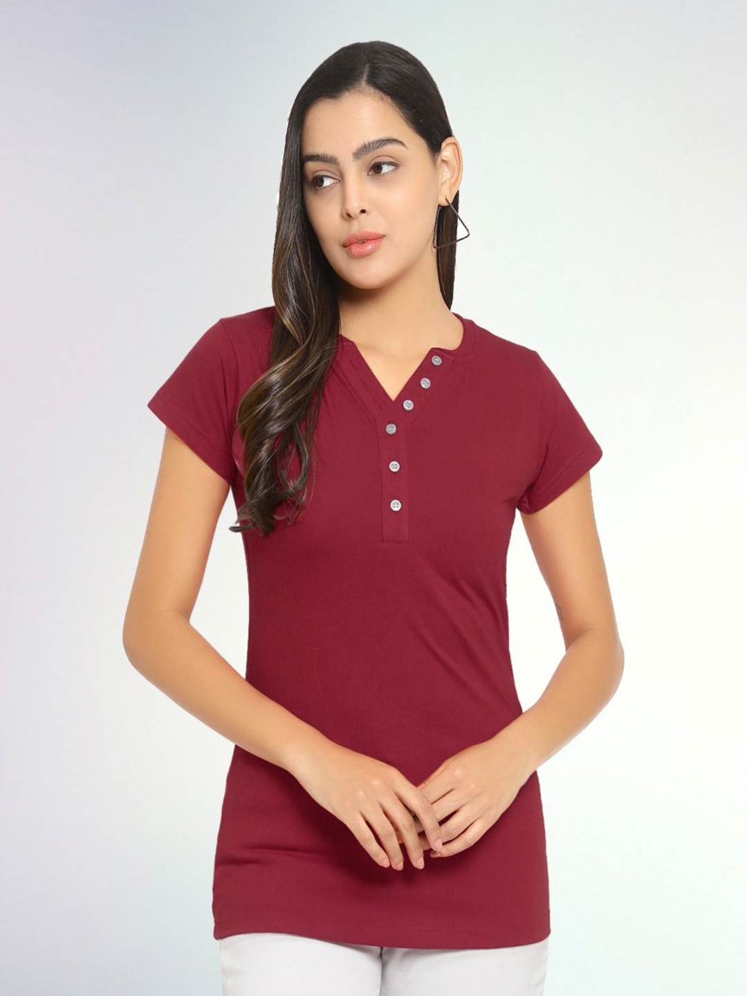 

Boldwink Women Solid Round Neck Cotton T-shirt, Burgundy