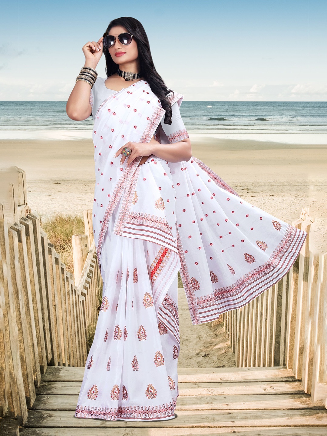 

KAMDAR Woven Design Poly Pat Silk Assamese Mekhela Sador Saree, White