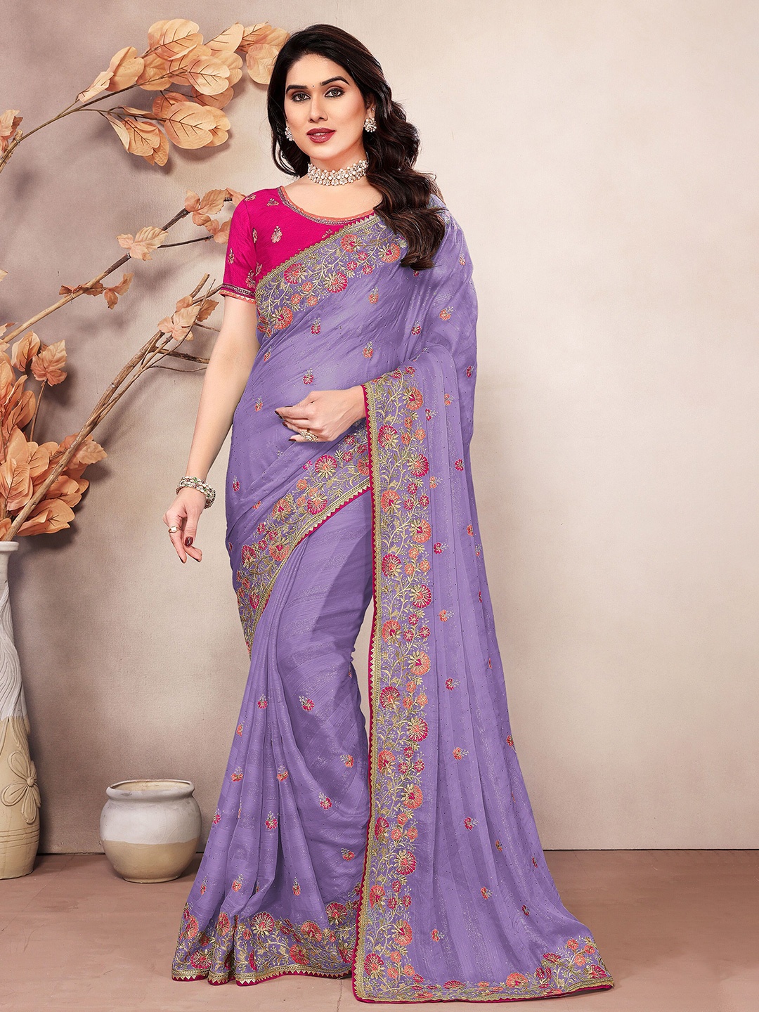 

KHRITI FAB Embellished Embroidered Silk Blend Saree, Lavender