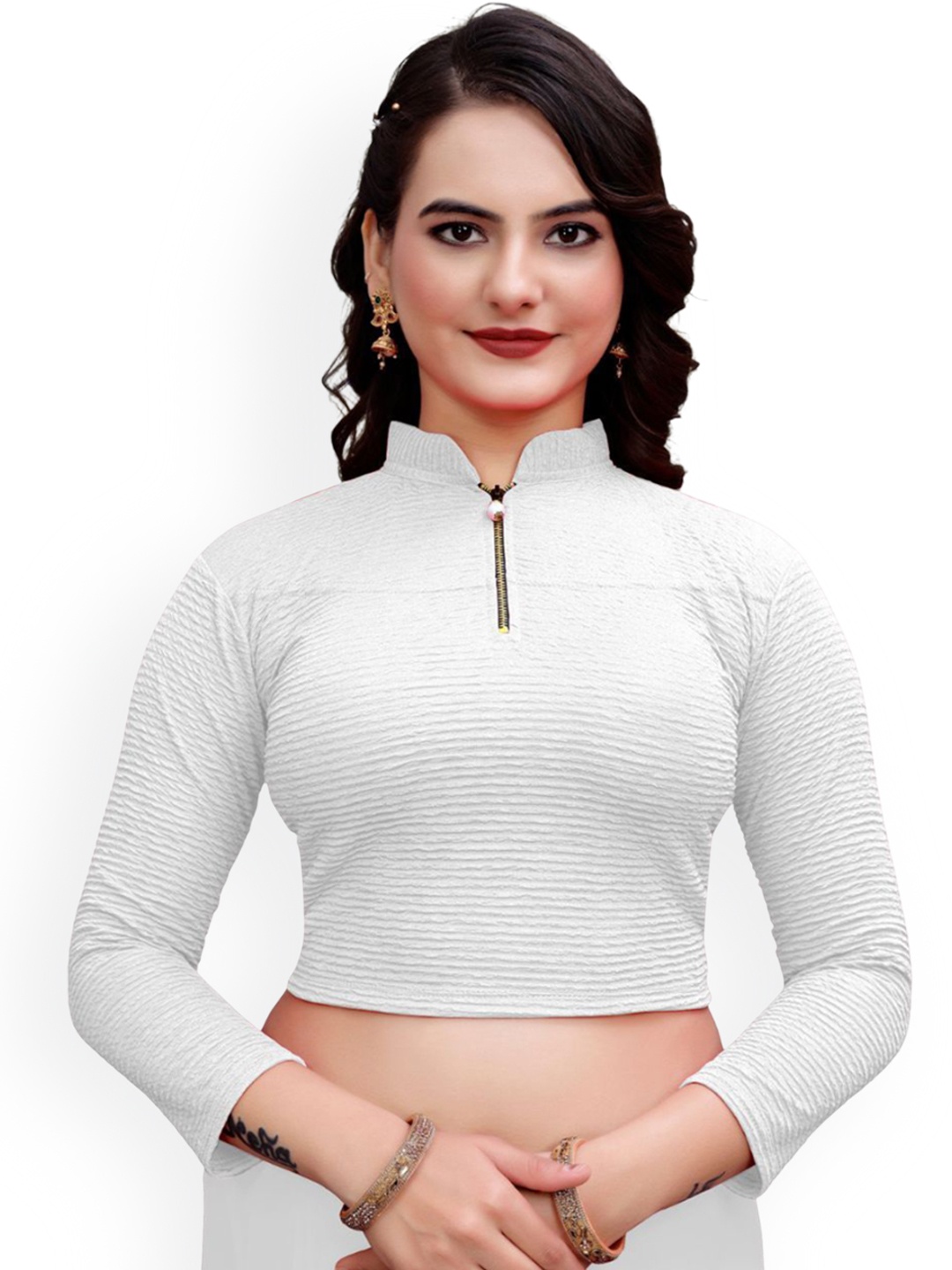 

SS Sanket Synthetics Mandarin Collar Saree Blouse, White