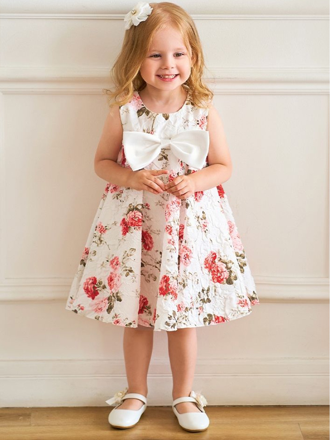 

LULU & SKY Girls Floral Print Bow Detailed Knee Length A-Line Dress, White