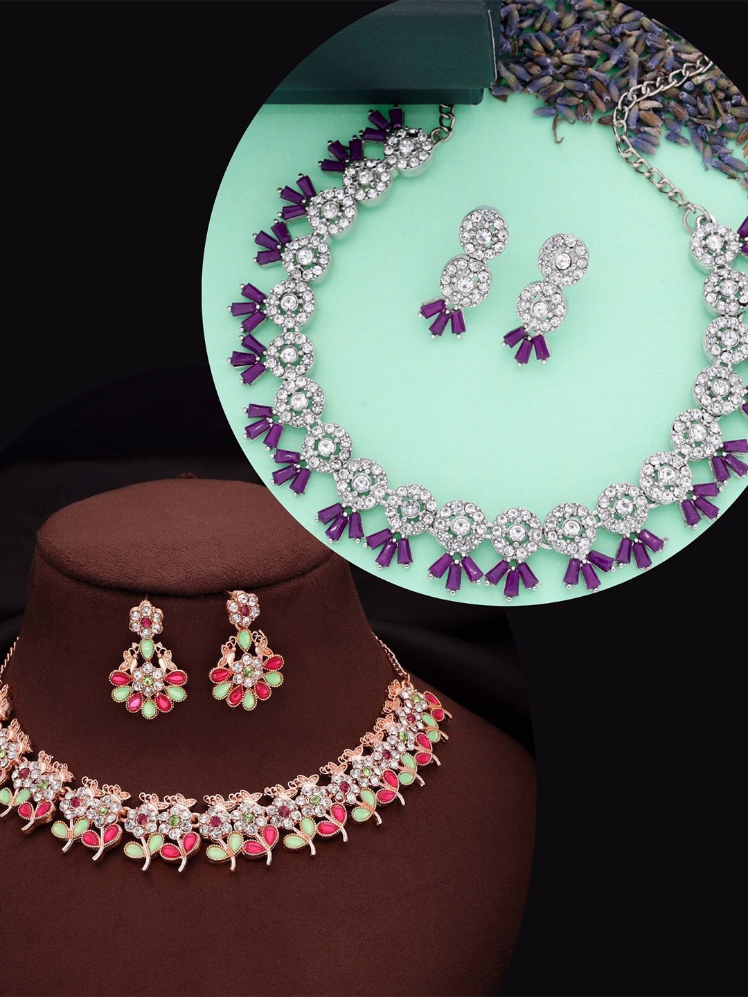 

DIVASTRI Set Of 2 Silver-Plated American Diamond Studded Jewellery Set
