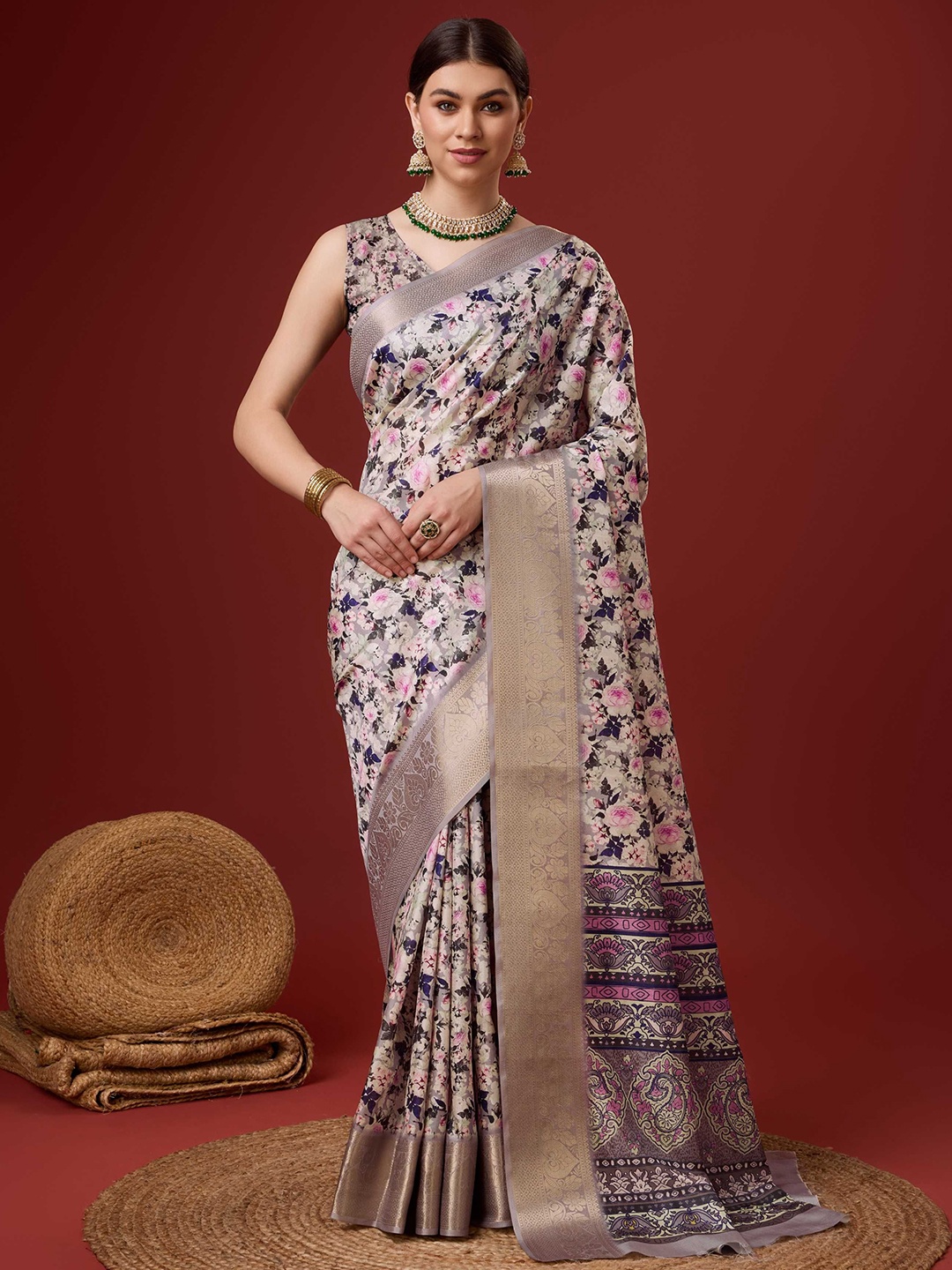 

DIVASTRI Floral Printed Zari Woven Design Saree, Lavender