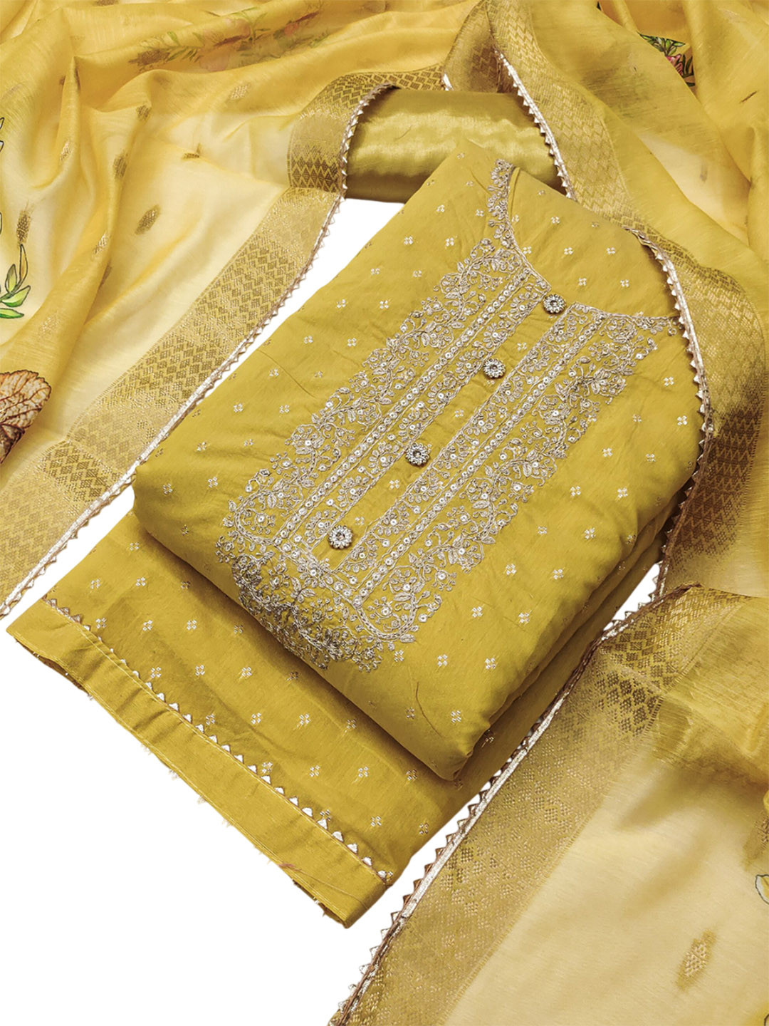 

TAVAS Floral Embroidered Cotton Blend Unstitched Dress Material, Yellow