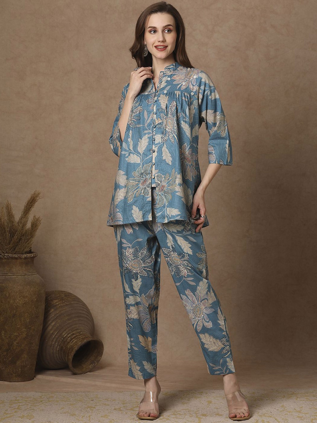

FASHOR Floral Printed A-Line Paneled Pure Cotton Tunic With Trousers, Blue