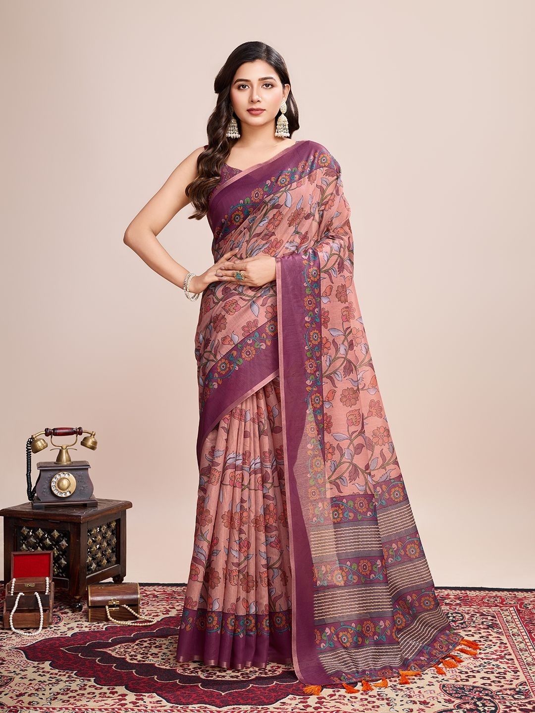 

ORUS Floral Zari Saree, Rose gold