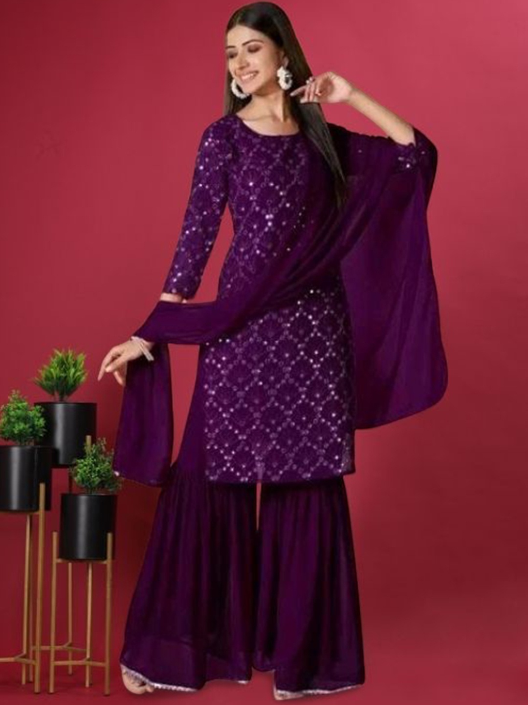 

PARROT CREATION Geometric Embroidered Georgette Straight Kurta With Sharara & Dupatta, Burgundy