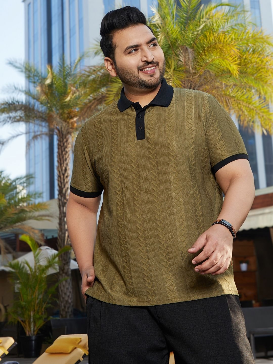 

Instafab Plus Men Plus Size Self Design Polo Collar Cotton Slim Fit T-shirt, Olive