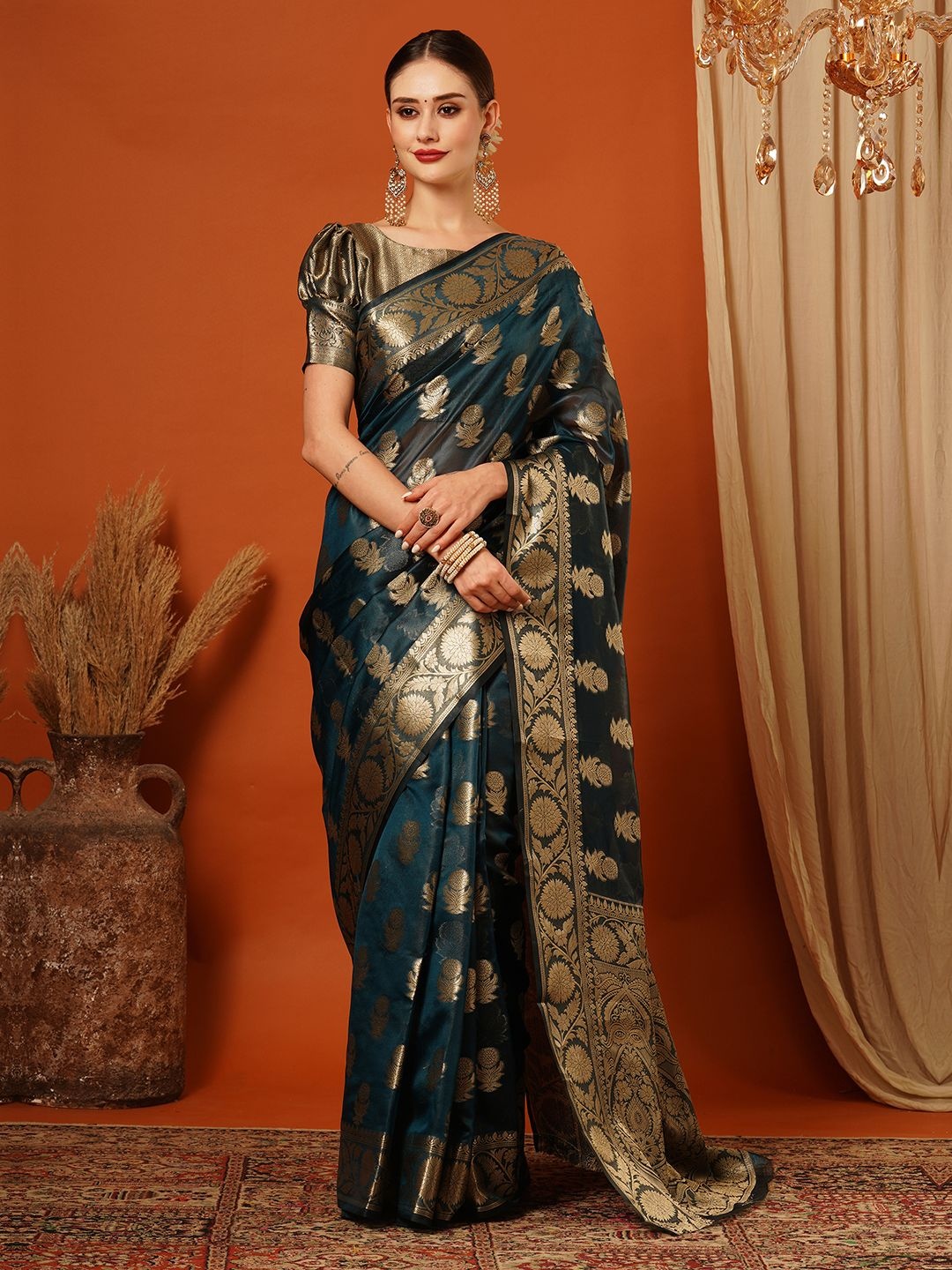 

SILKWEAR Floral Zari Organza Banarasi Saree, Teal
