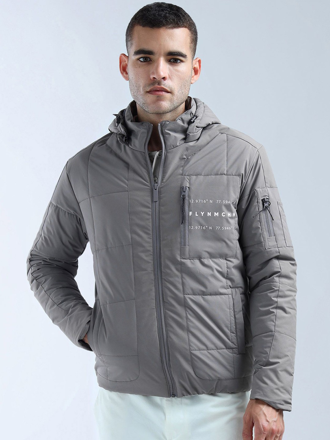 

Flying Machine Men Brand Logo Padded Jacket, Grey