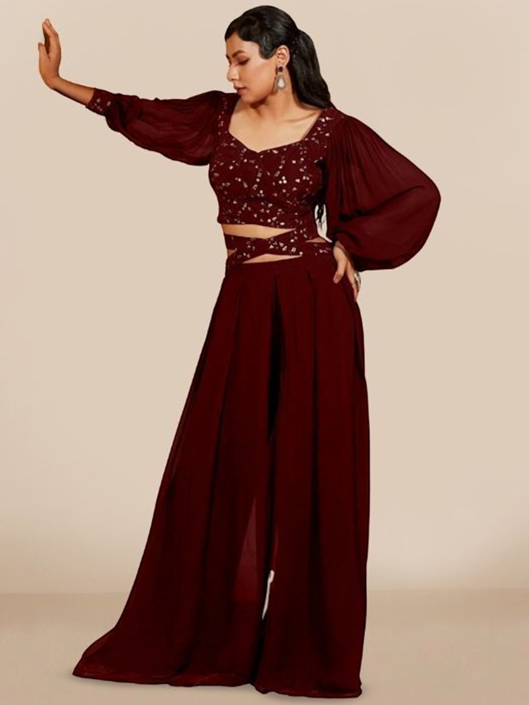 

PARROT CREATION Floral Embroidered Poly Georgette V-Neck Crop Top With Palazzos, Maroon