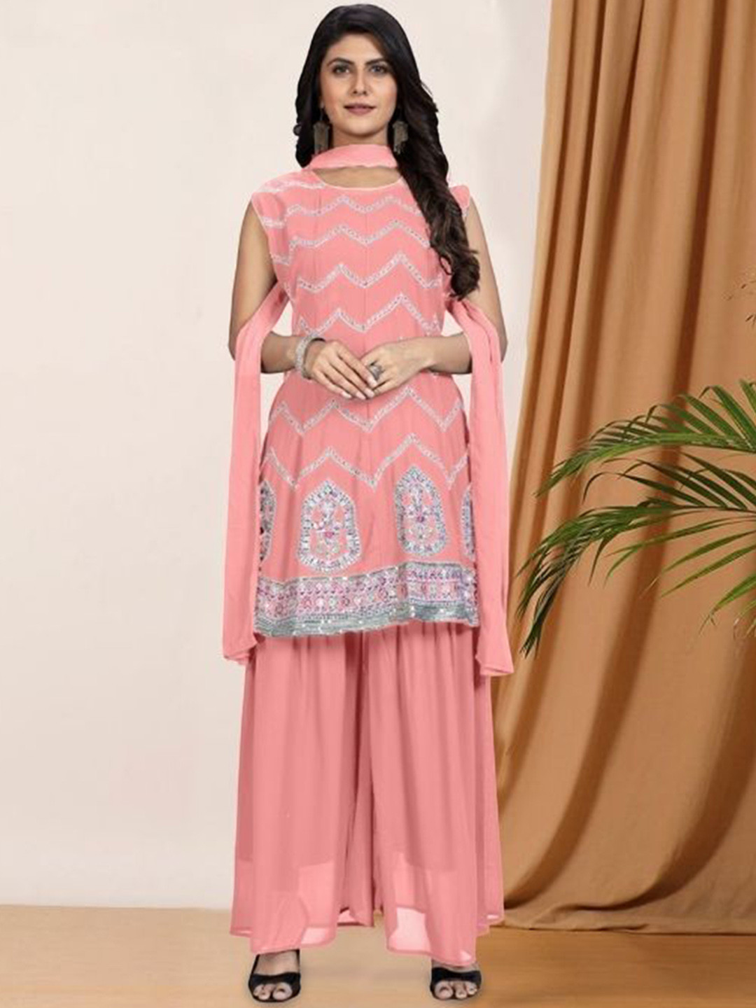 

PARROT CREATION Floral Embroidered Sequinned Georgette A-Line Kurti With Sharara & Dupatta, Pink