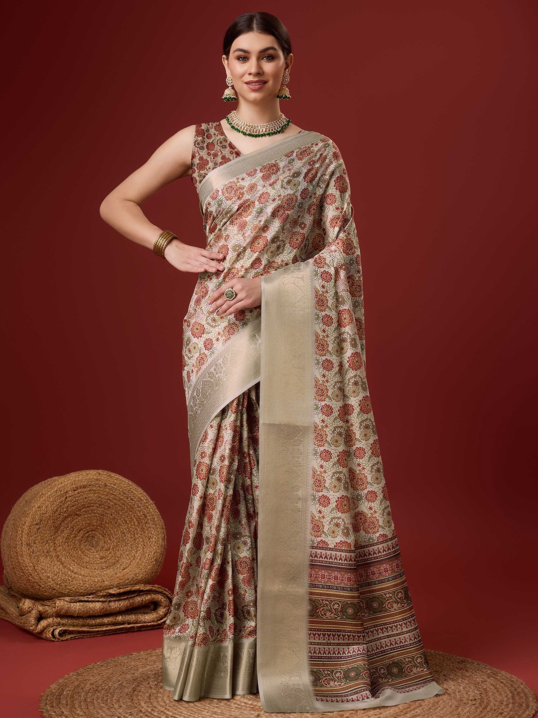 

DIVASTRI Floral Printed Cotton Zari Woven Design Saree, Grey