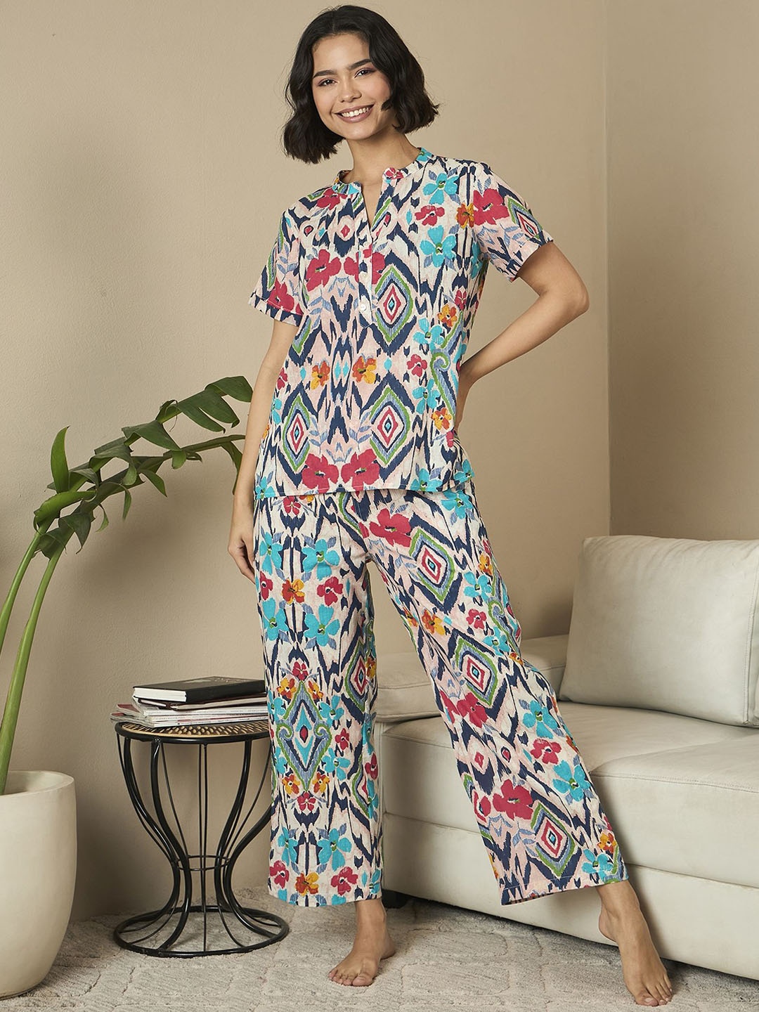 

July Women Printed Night suit, White