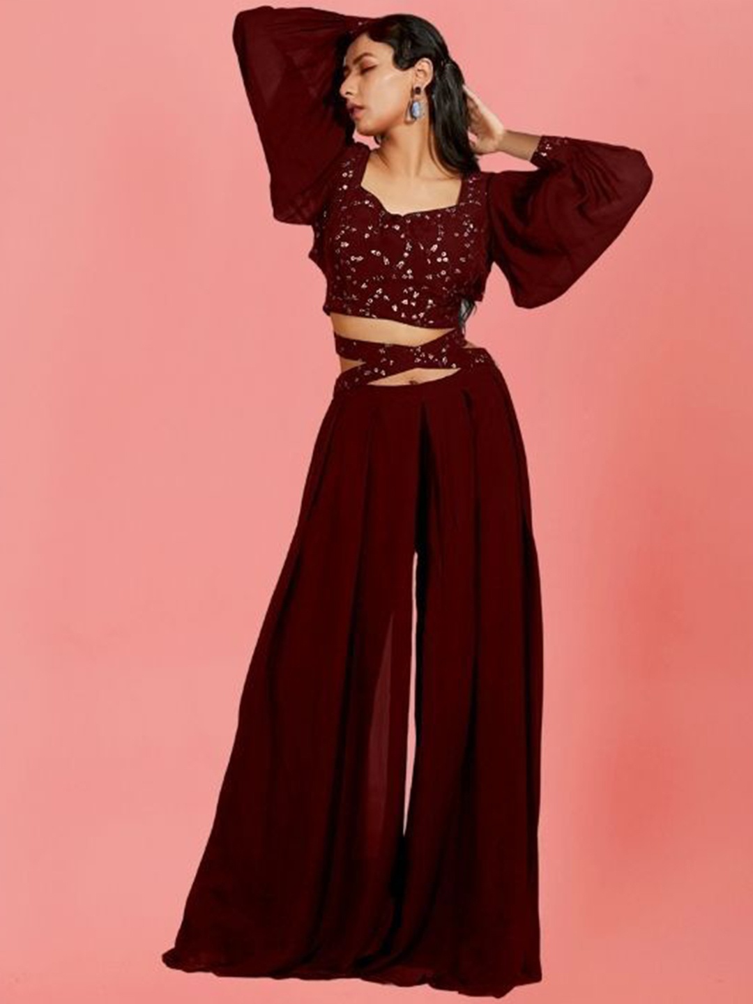 

PARROT CREATION Floral Embroidered Sweetheart Neck Crop Top With Palazzo, Maroon