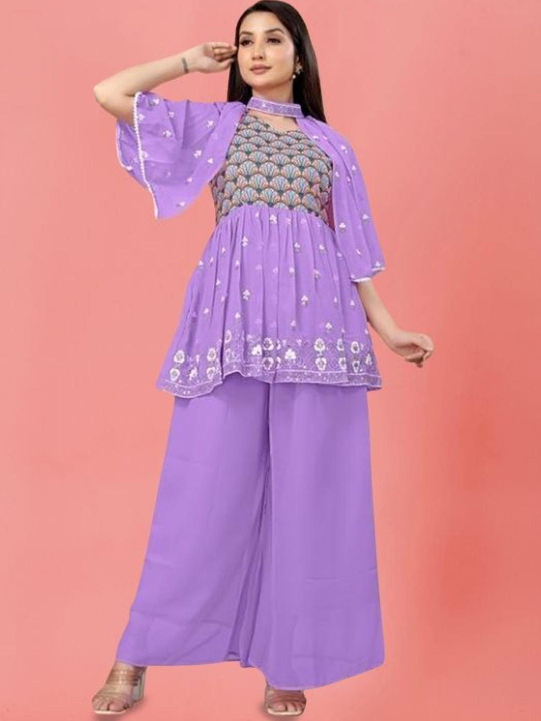 

PARROT CREATION Floral Embroidered V-Neck Georgette A-Line Kurti With Palazzos And Cape, Lavender