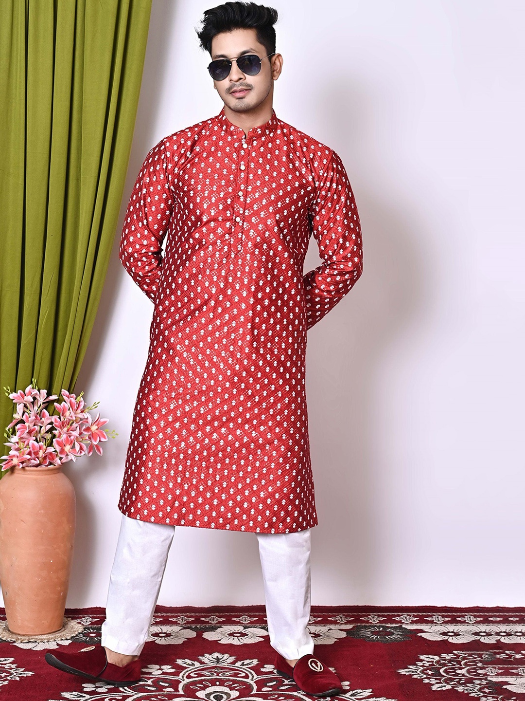 

NFC CREATION Floral Embroidered Sequinned Dupion Silk Straight Kurta With Trousers, Maroon