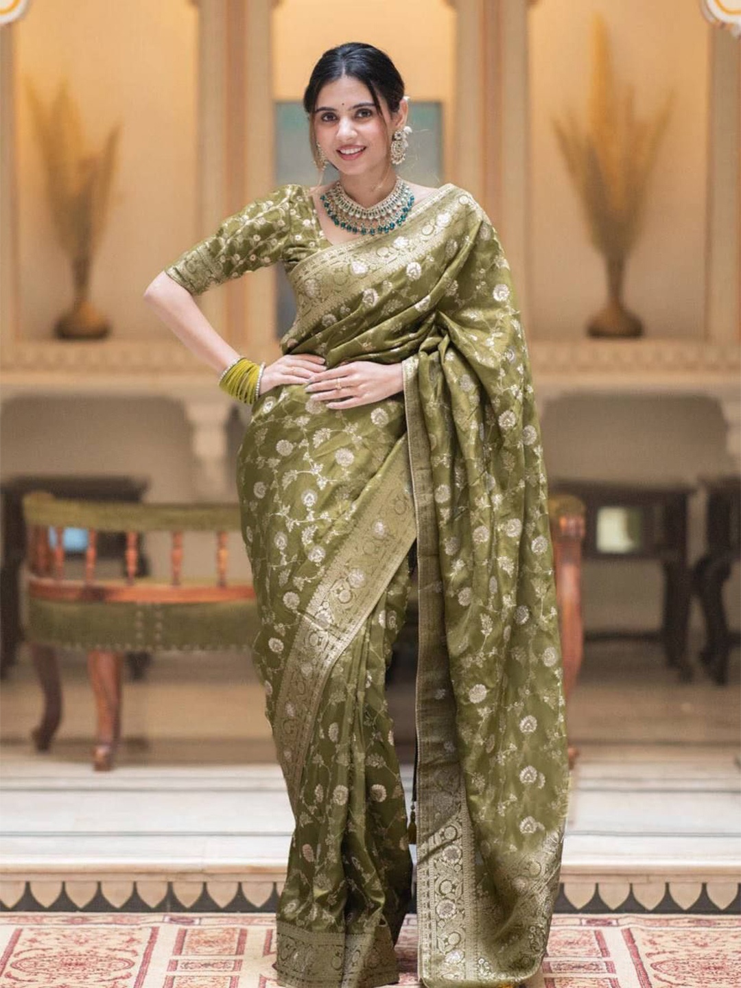 

LADY SHOPI Woven Design Zari Pure Silk Banarasi Saree, Olive
