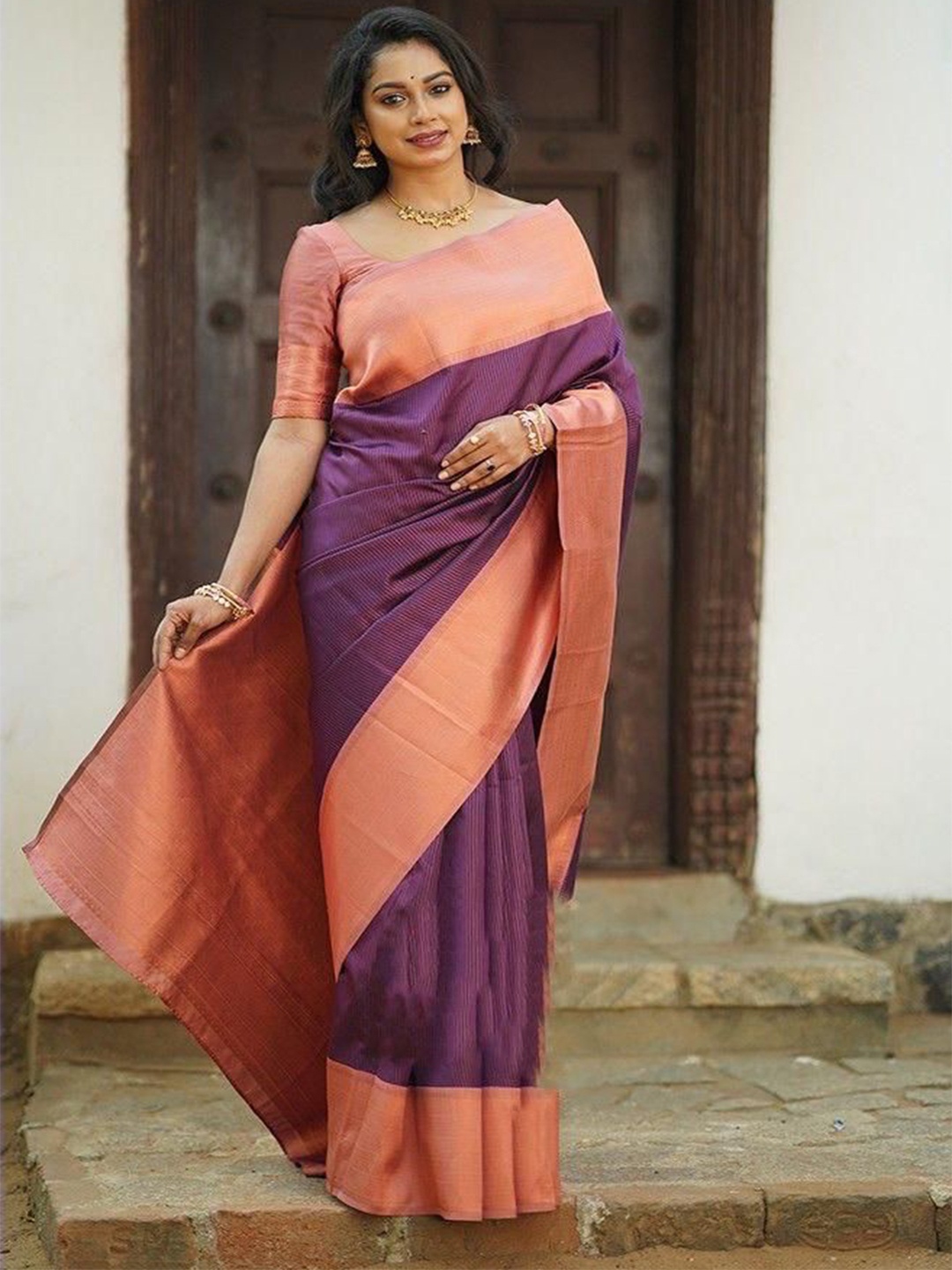 

LADY SHOPI Woven Design Zari Pure Silk Banarasi Saree, Purple