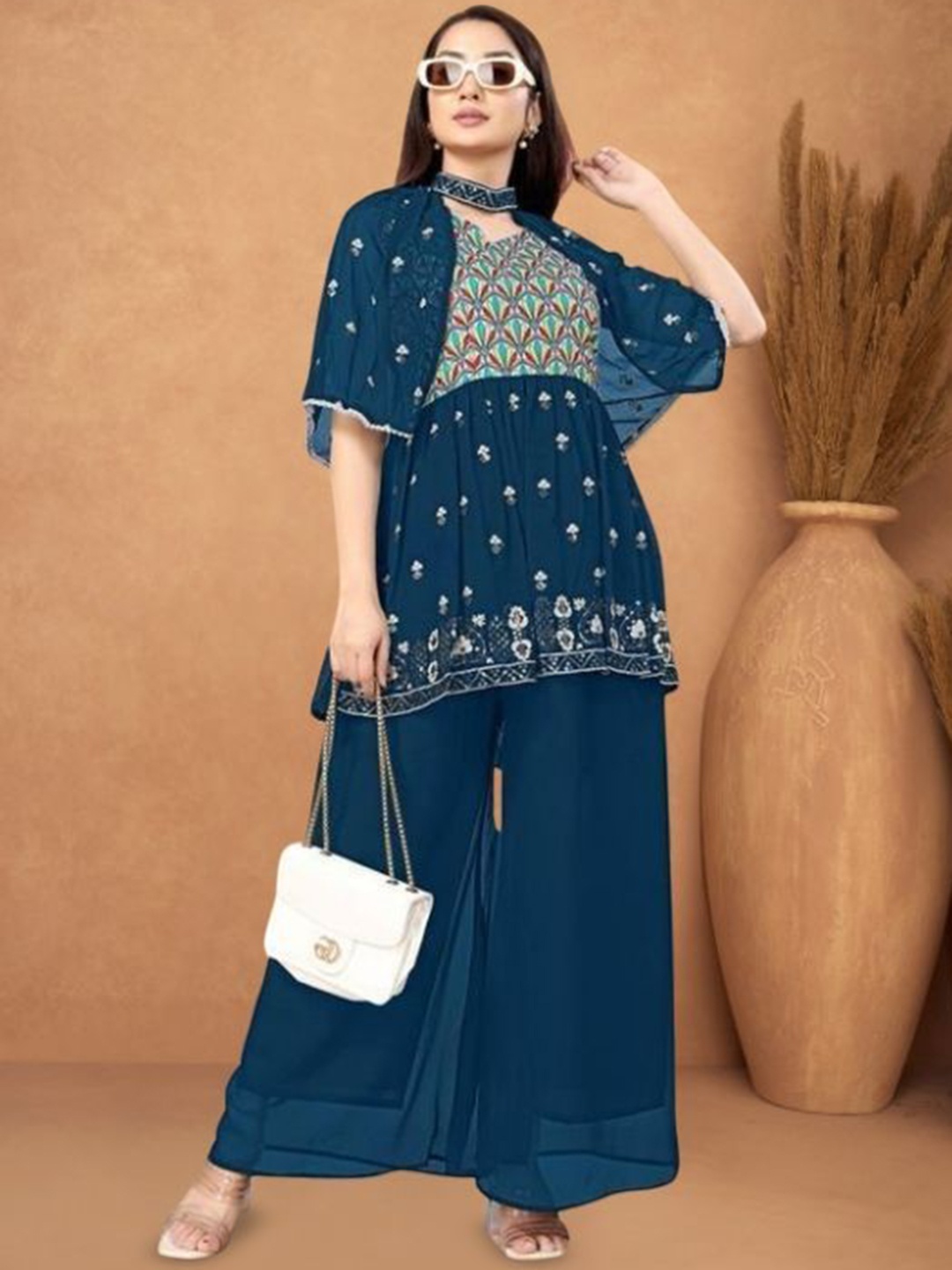 

PARROT CREATION Floral Embroidered Georgette Anarkali Kurti With Sharara, Turquoise blue