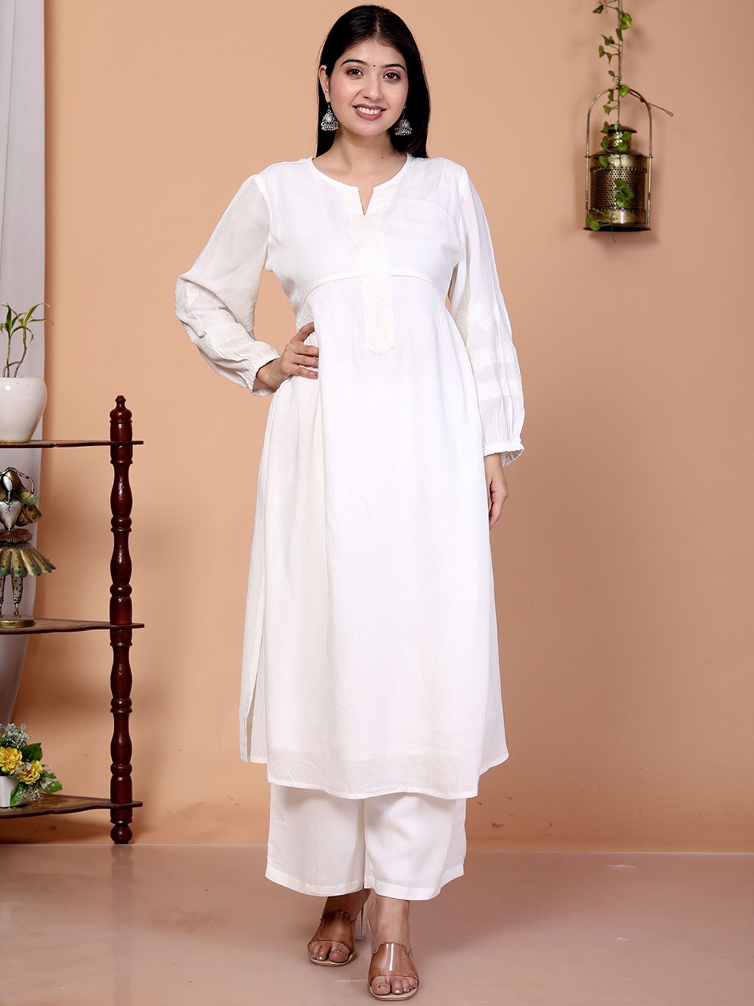 

SAKURA Notch Neck Puffed Sleeves A-Line Kurta & Palazzos, White