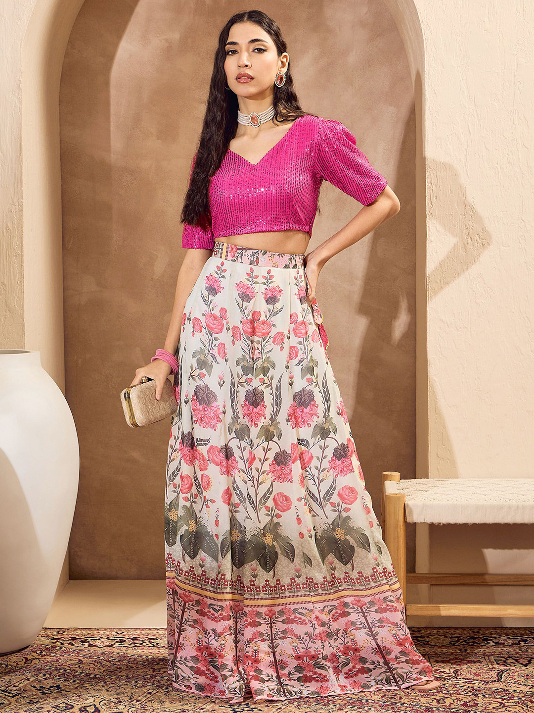 

Shae by SASSAFRAS Embellished Sequinned Blouse & Lehenga, White