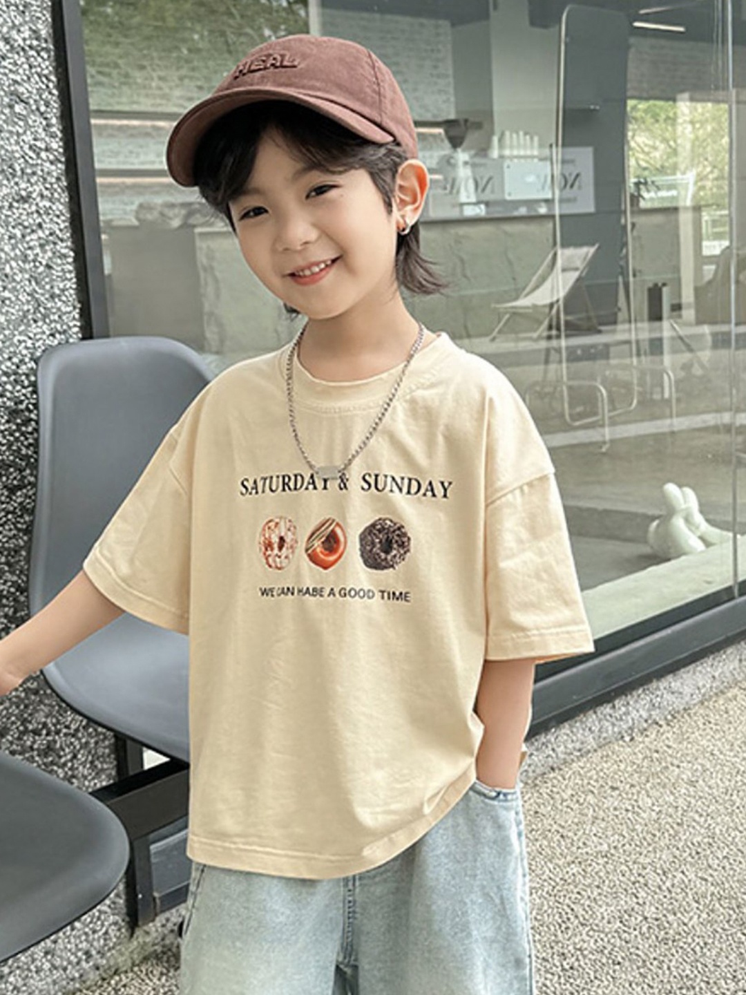 

LULU & SKY Boys Graphic Printed Round Neck Cotton Oversized T-shirt, Beige