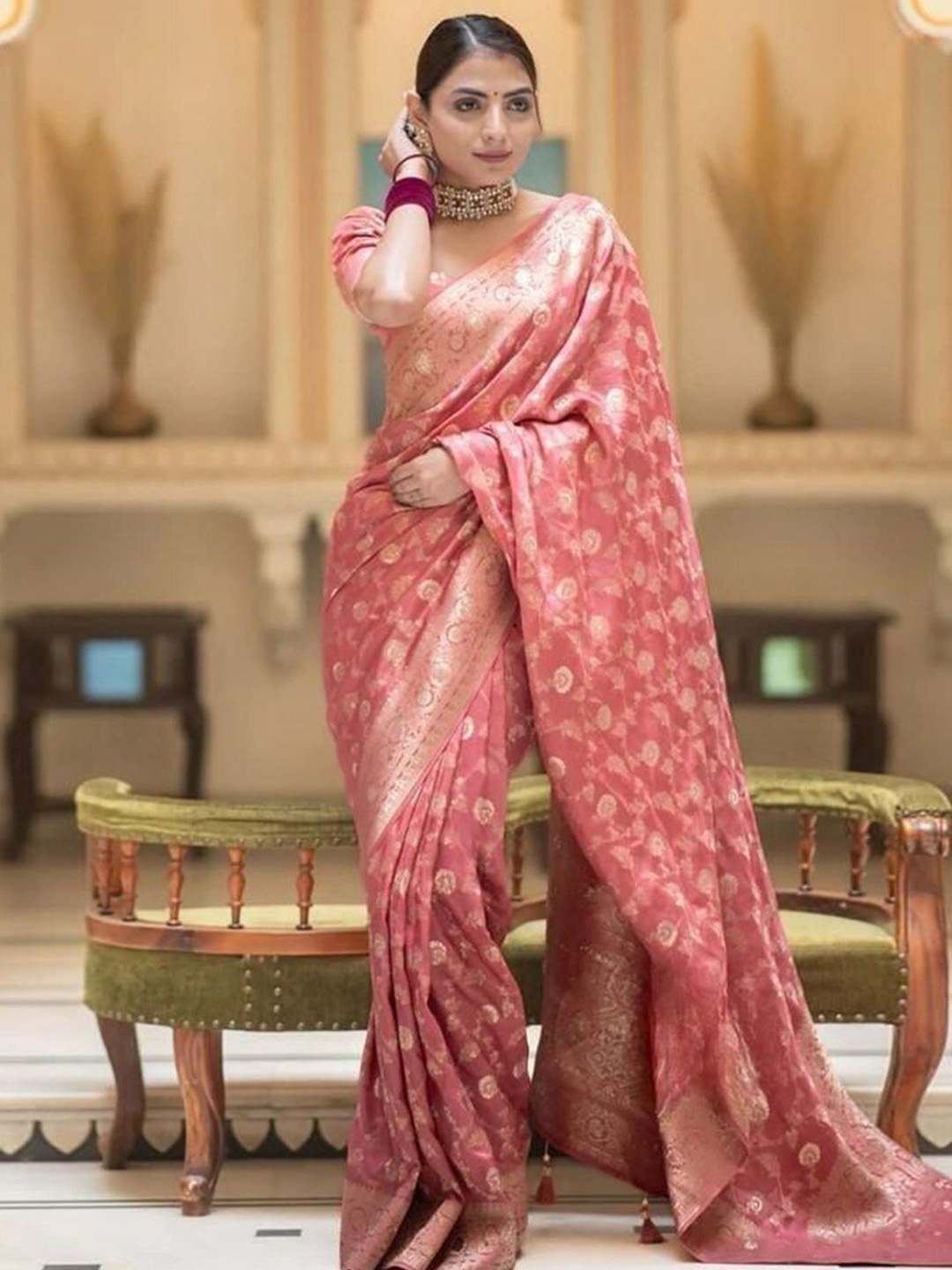 

LADY SHOPI Woven Design Zari Pure Silk Banarasi Saree, Rose