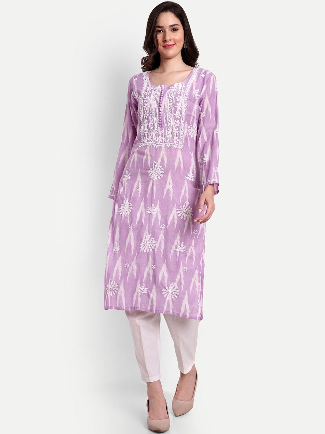 

Indiankala4u Geometric Printed Chikankari Notch Neck Pure Cotton Straight Kurta, Lavender