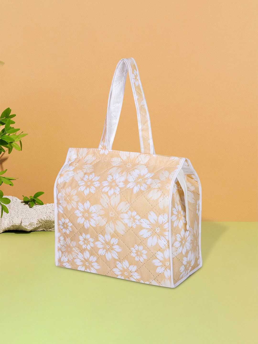 

Kuber Industries Floral Printed Shopper Tote Bag with Bow Detail, Gold