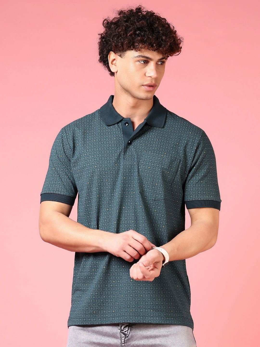 

V-Mart Men Geometric Printed Polo Collar Cotton T-shirt, Green