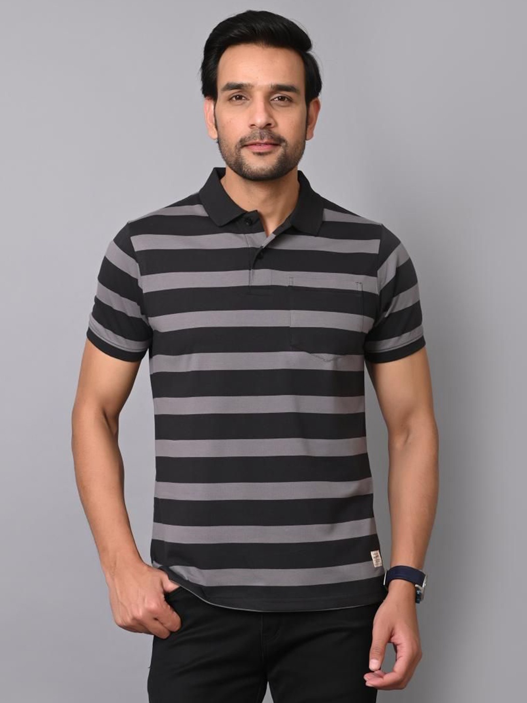 

ARBOUR Men Striped Polo Collar Cotton Slim Fit T-shirt, Grey