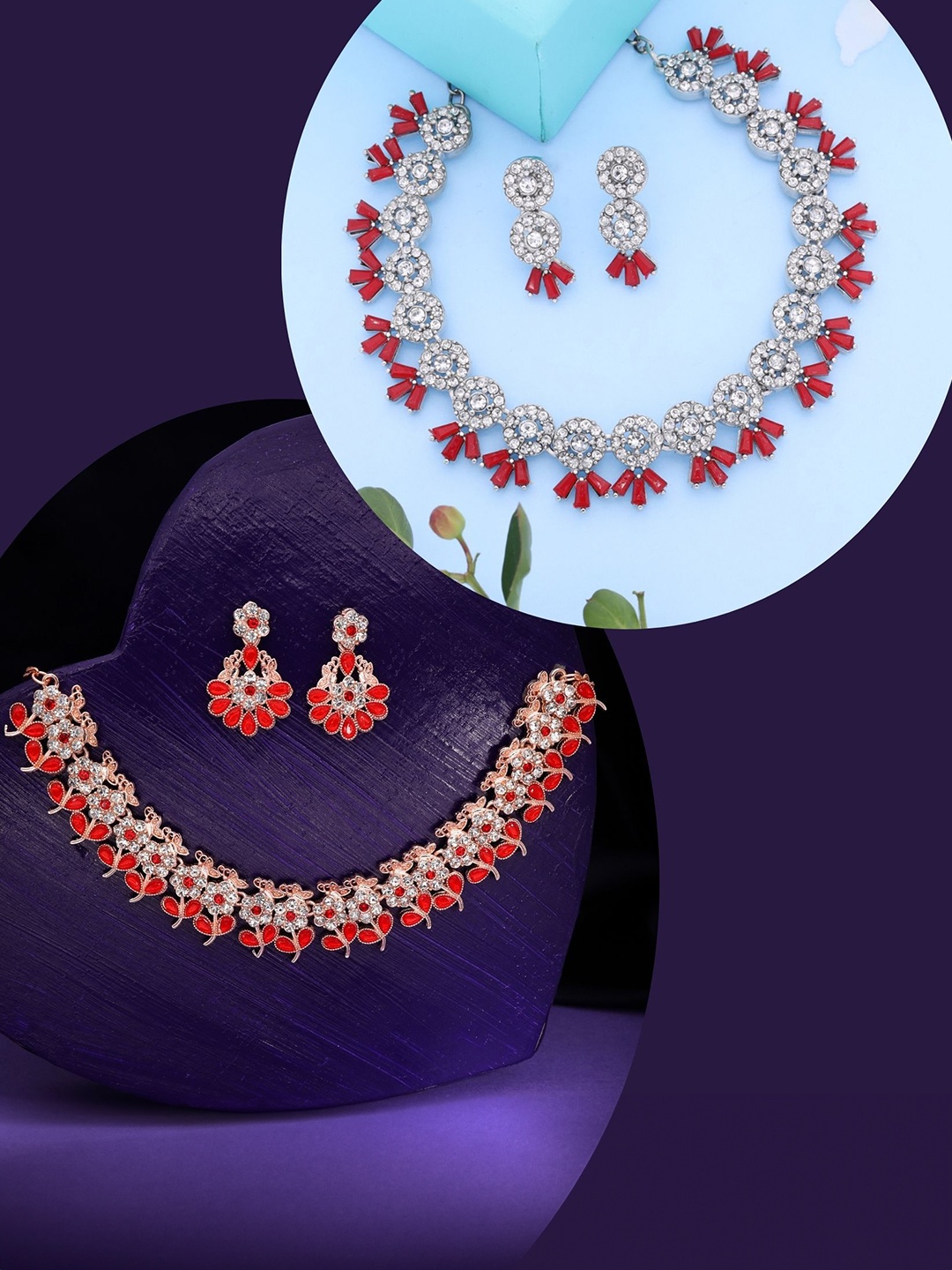 

DIVASTRI Set Of 2 Rose Gold & Silver-Plated American Diamond Studded Jewellery Sets