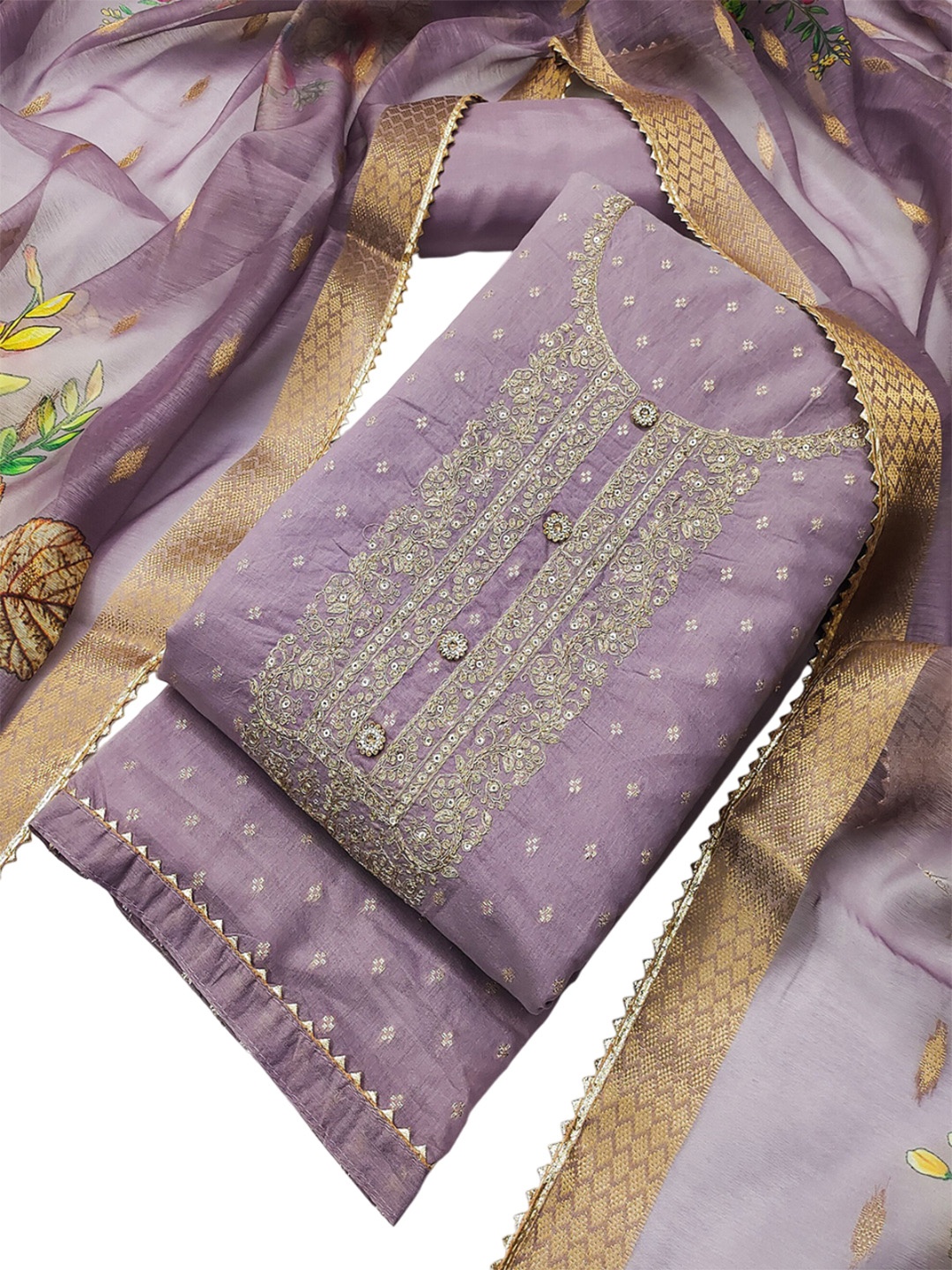 

TAVAS Ethnic Motifs Embroidered Chanderi Silk Unstitched Dress Material, Lavender