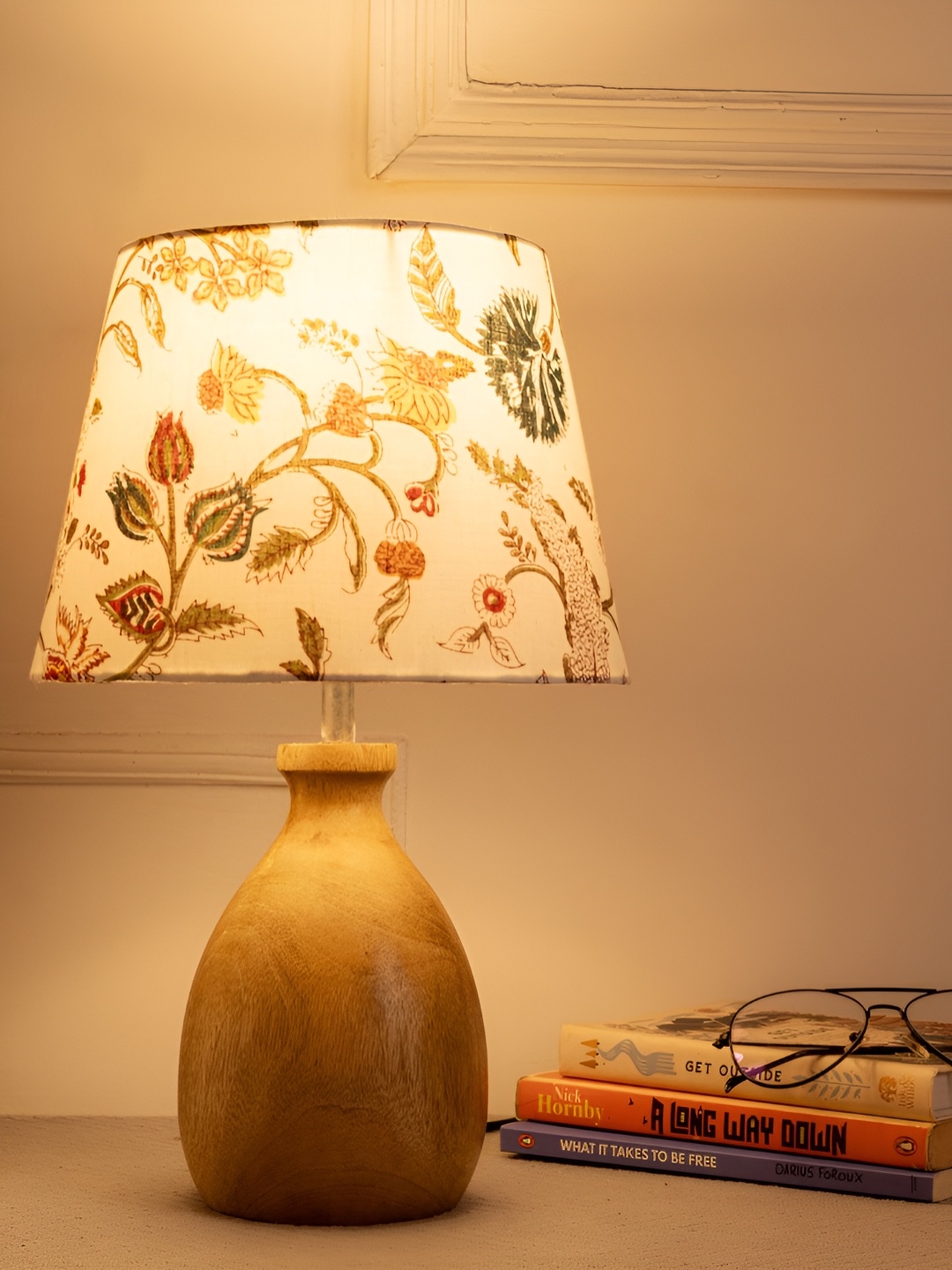 

green girgit Brown & White Printed Frustum Shaped Wooden Table Lamp with Bulb
