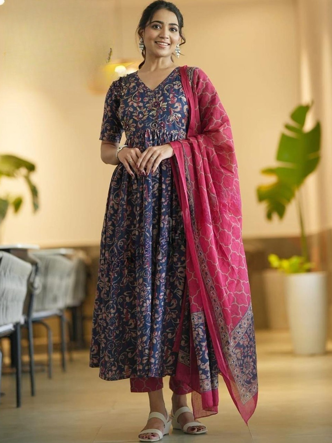 

KALINI Floral Printed V-Neck Empire Anarkali Kurta With Trousers & Dupatta, Navy blue