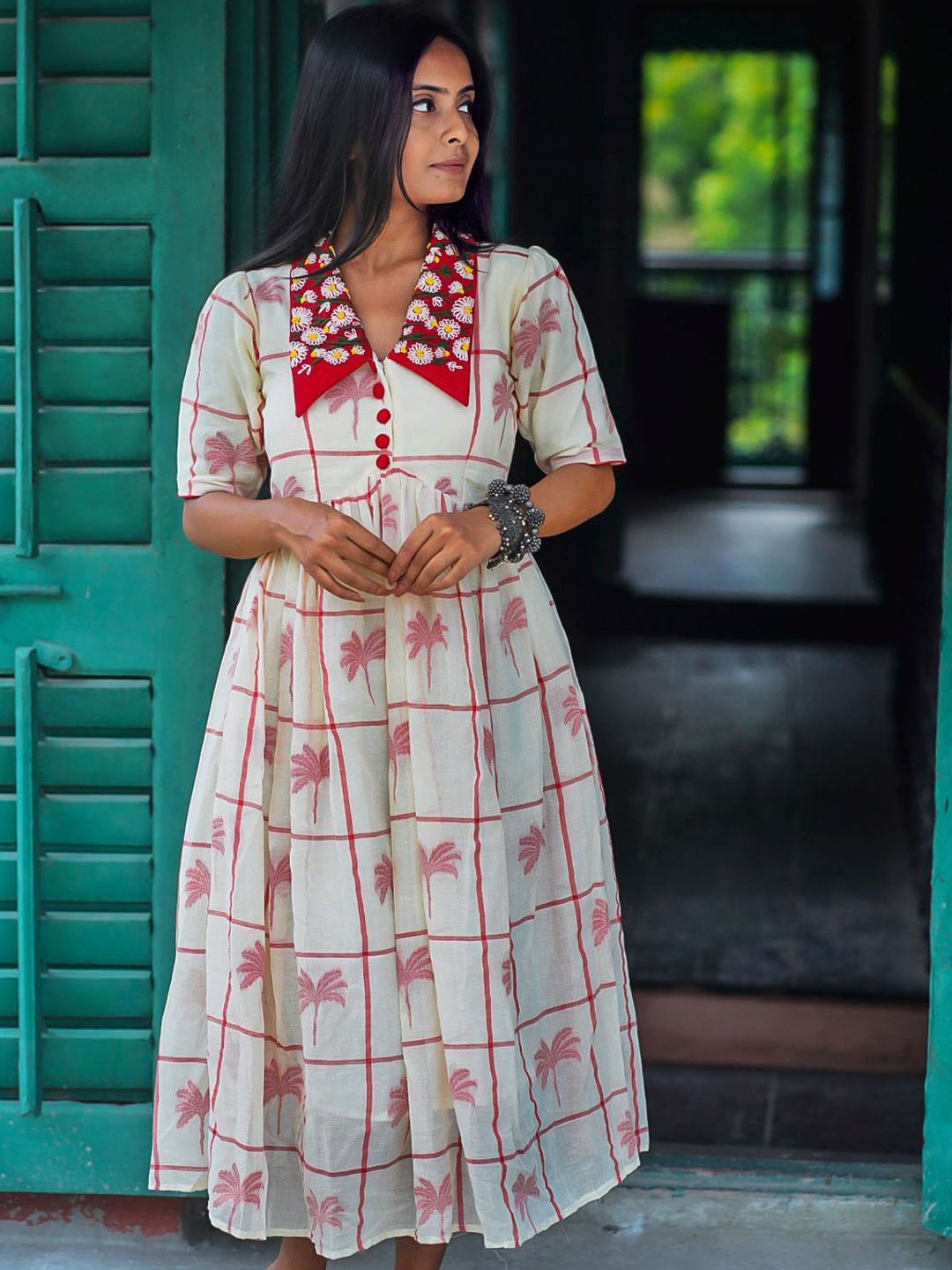 

MONRI Embroidered Fit & Flared Cotton Maxi Ethnic Dresses, White