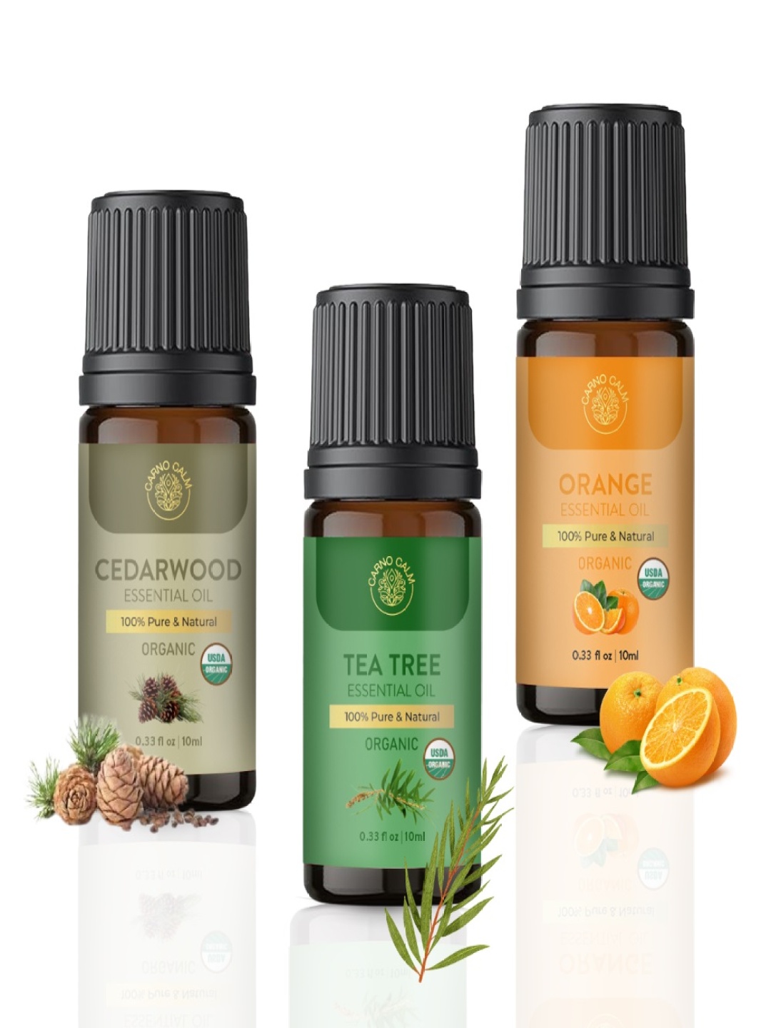 

Carno Calm Set Of 3 Green Tea Tree Orange & Cedarwood Essential Oils -10 ml Each