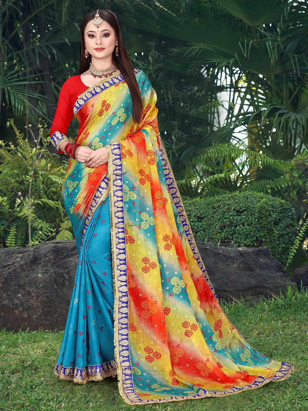 

DIVASTRI Bandhani Sequinned Poly Chiffon Half and Half Bandhani Saree, Blue