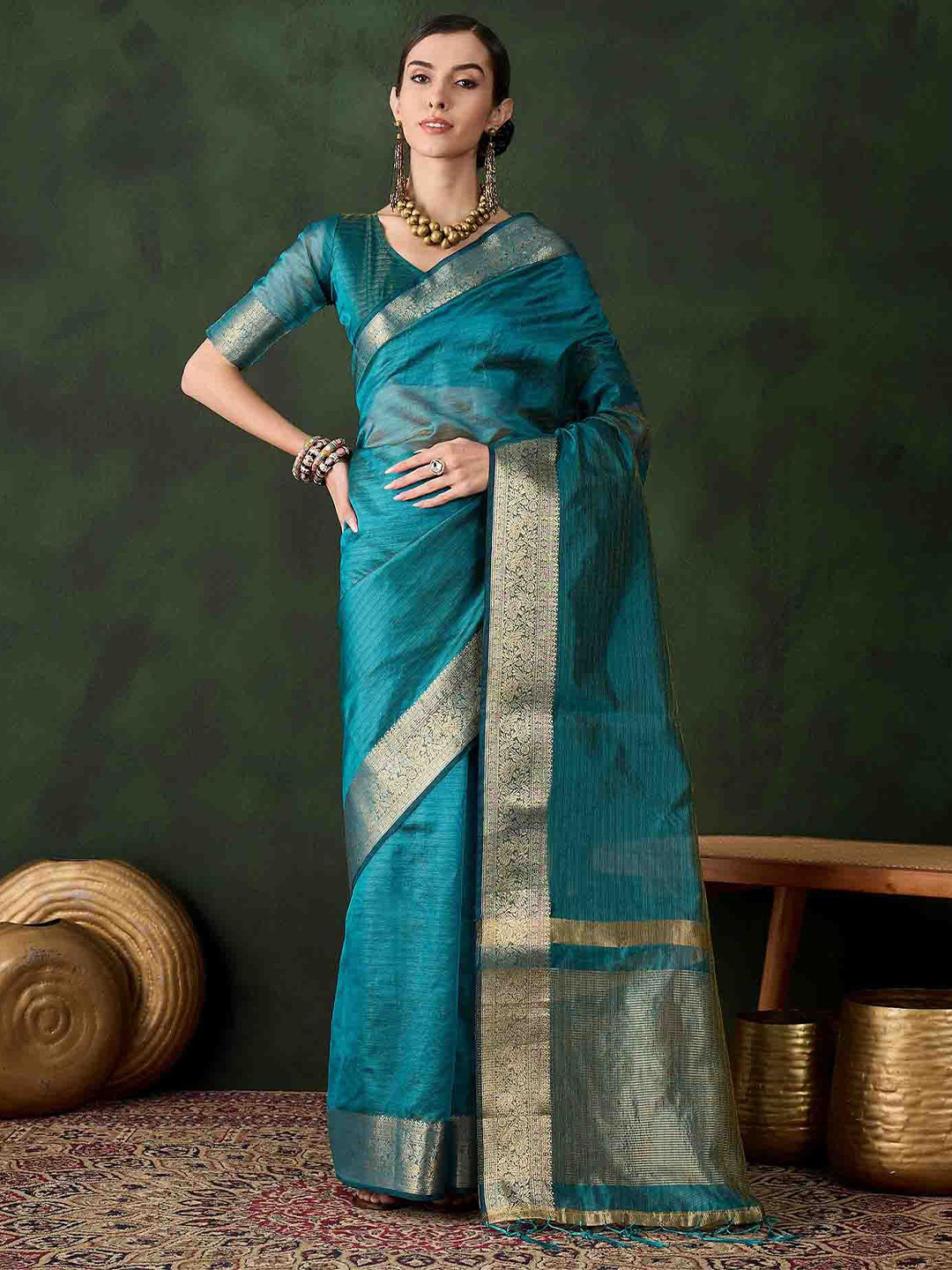 

DIVASTRI Zari Woven Design Kanjeevaram Saree, Teal