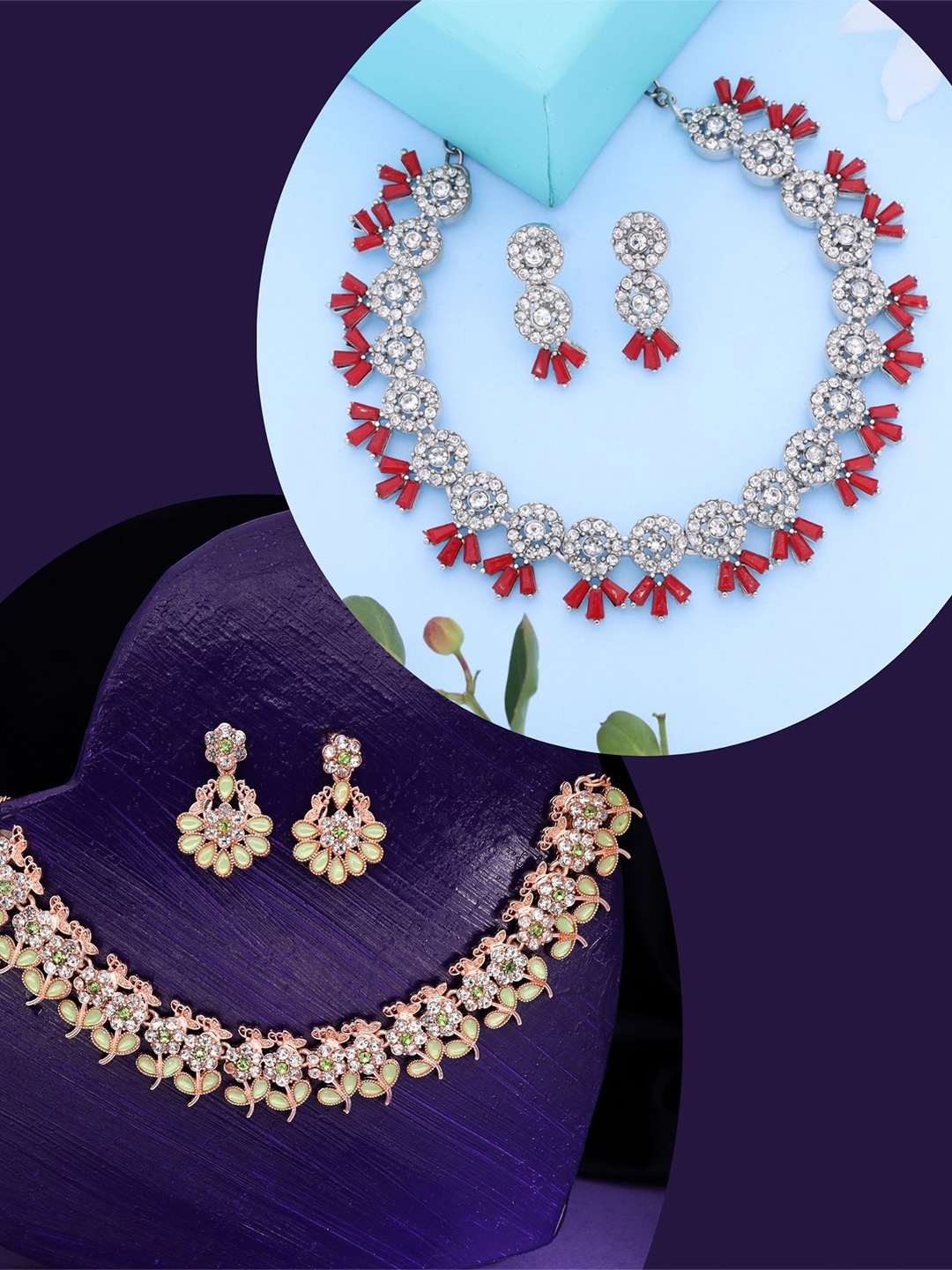 

DIVASTRI Set Of 2 Silver Plated & Gold Plated American Diamond Studded Jewellery Set