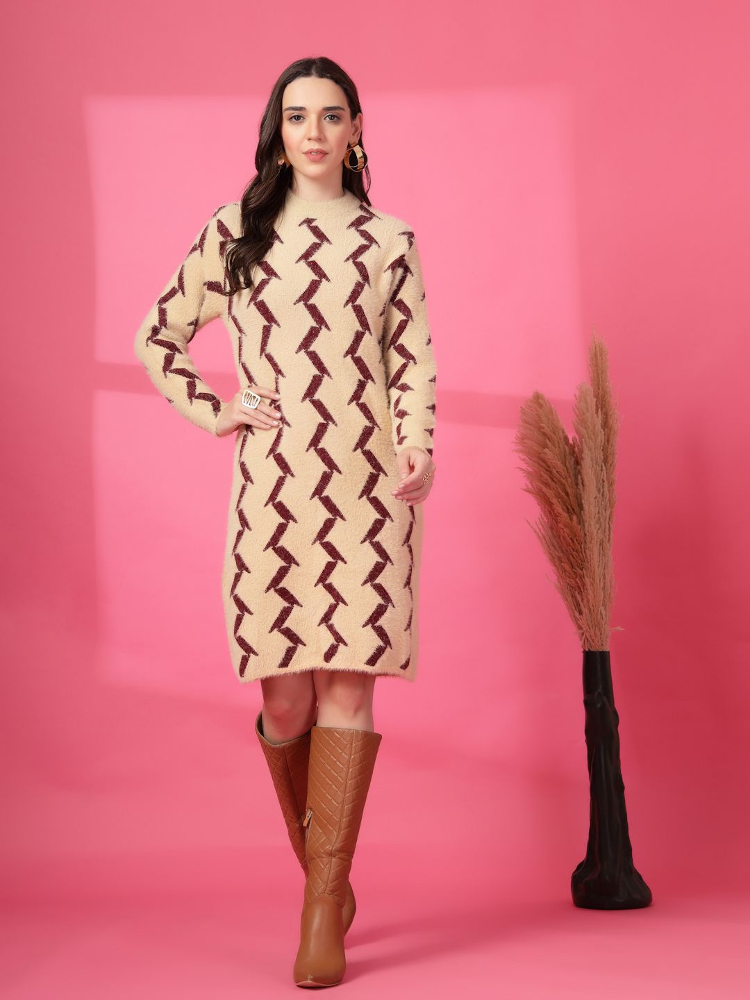 

Moda Rapido Print Woollen Dress, Beige